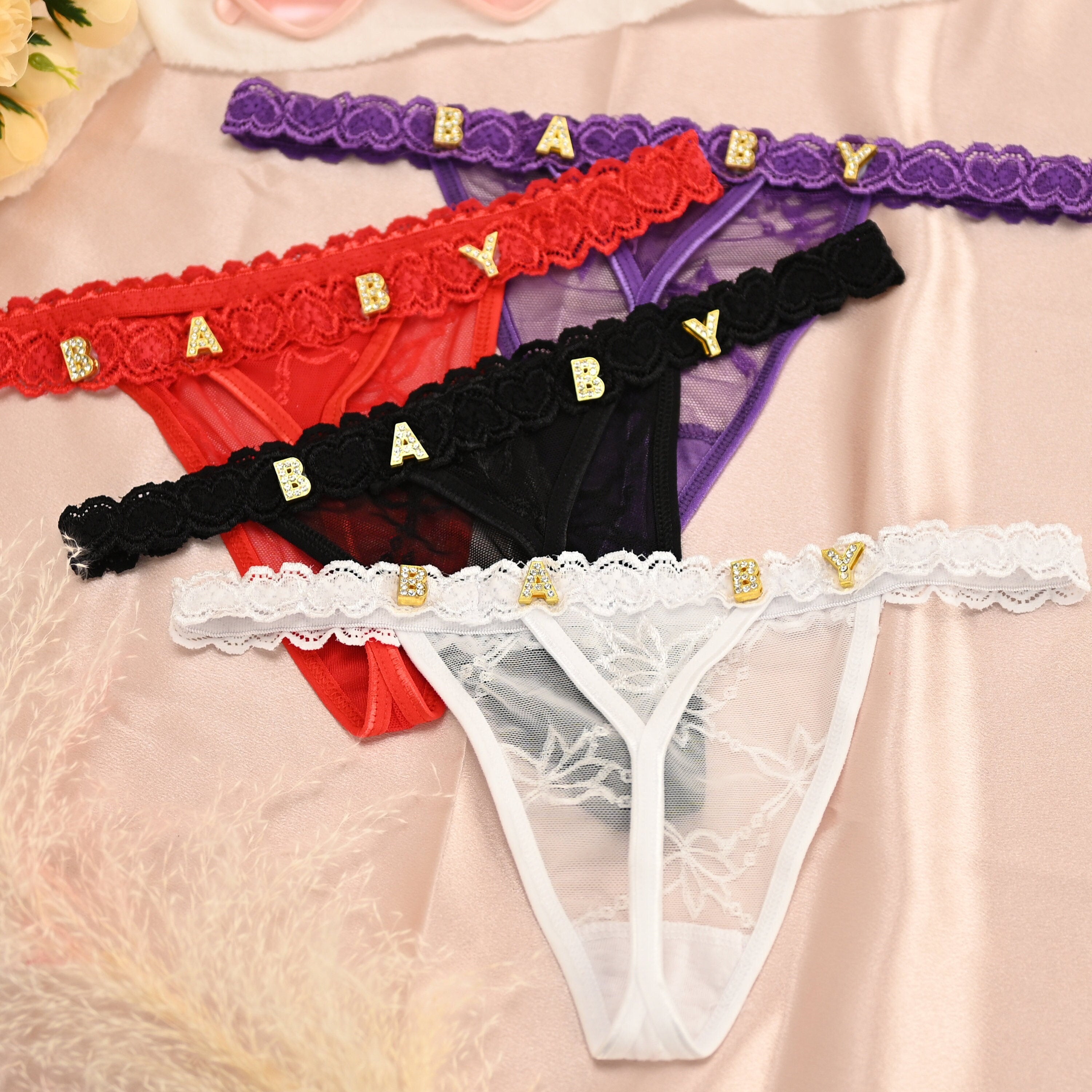 Customized Lace Thong with Crystal Name - Perfect Honeymoon Gift