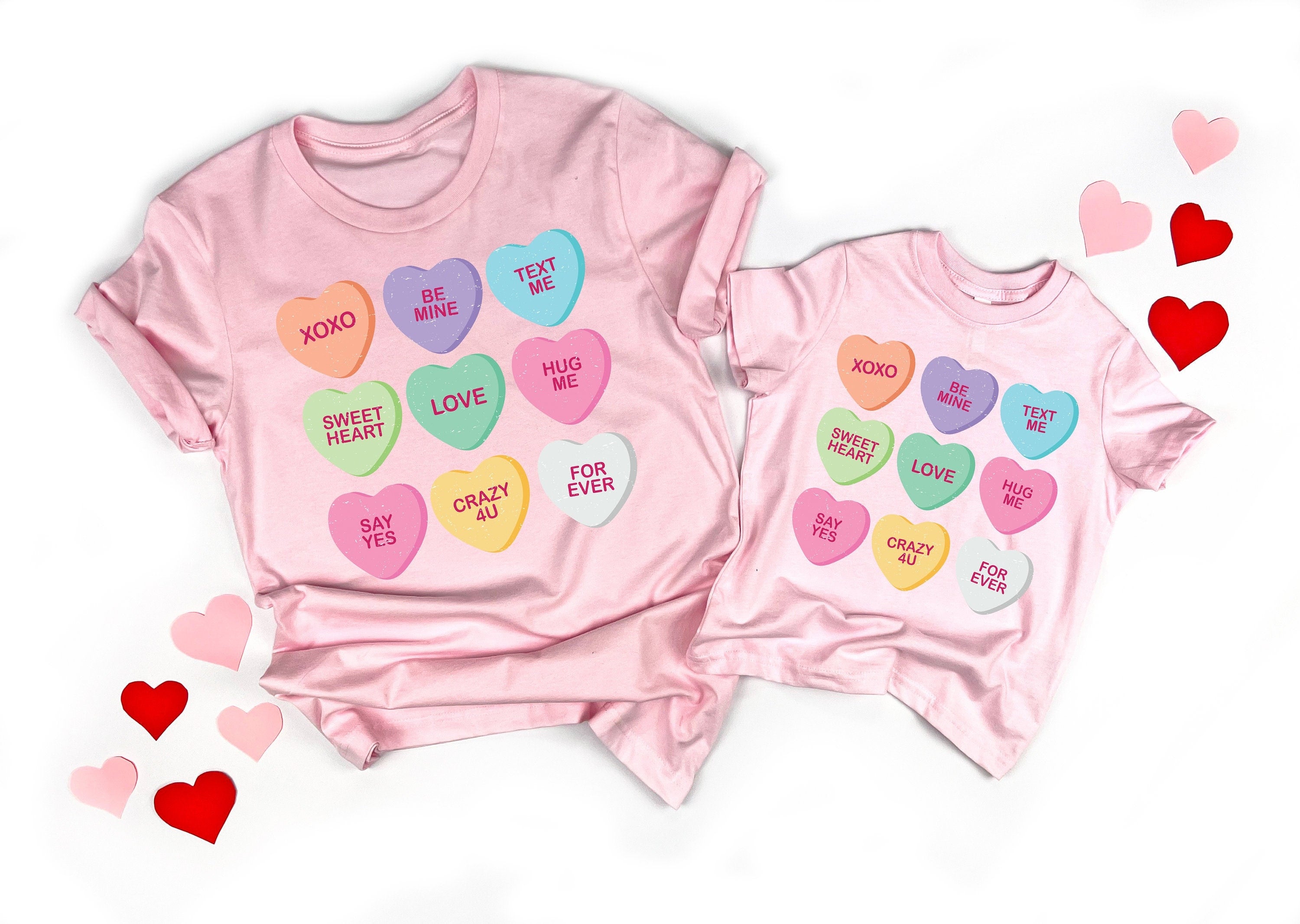 Spread Love with Matching Mommy and Me Candy Hearts Shirts - Perfect Valentine's Day Gift!