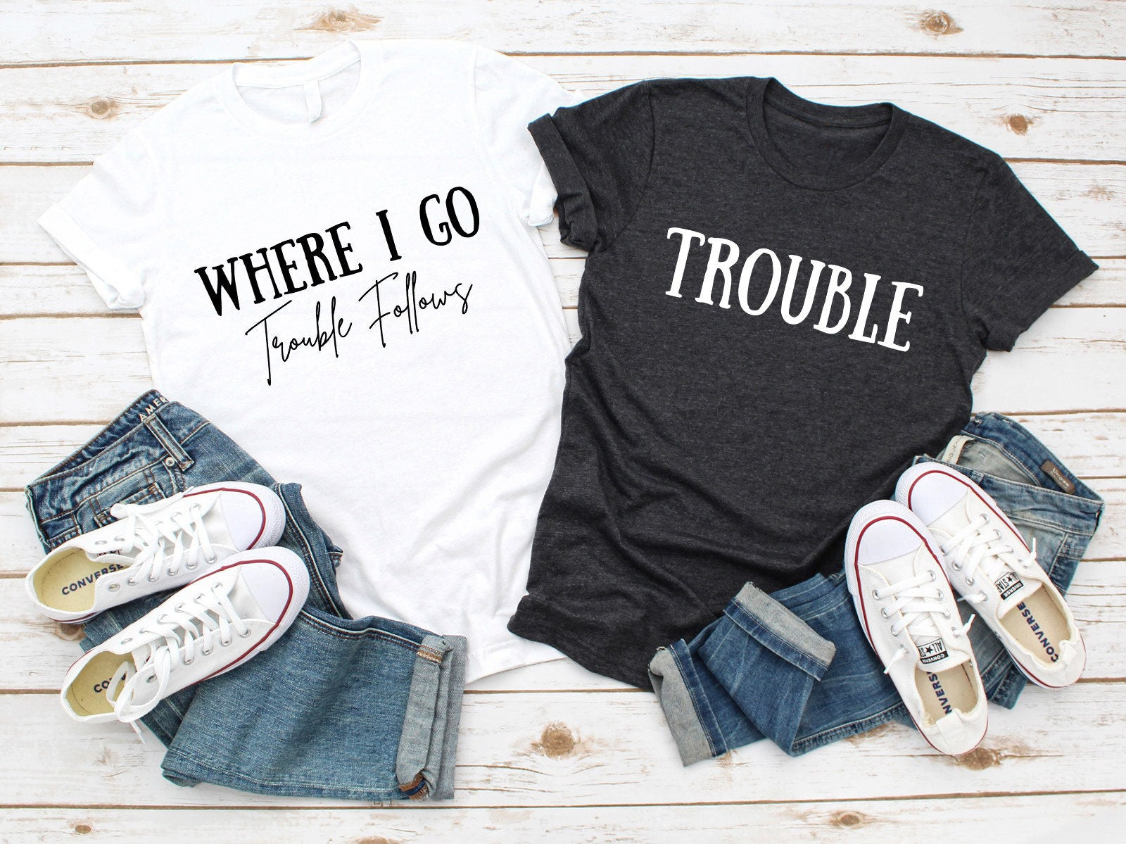 Unique Couple's Gift: Trouble Follows Us Everywhere - Couple Shirts