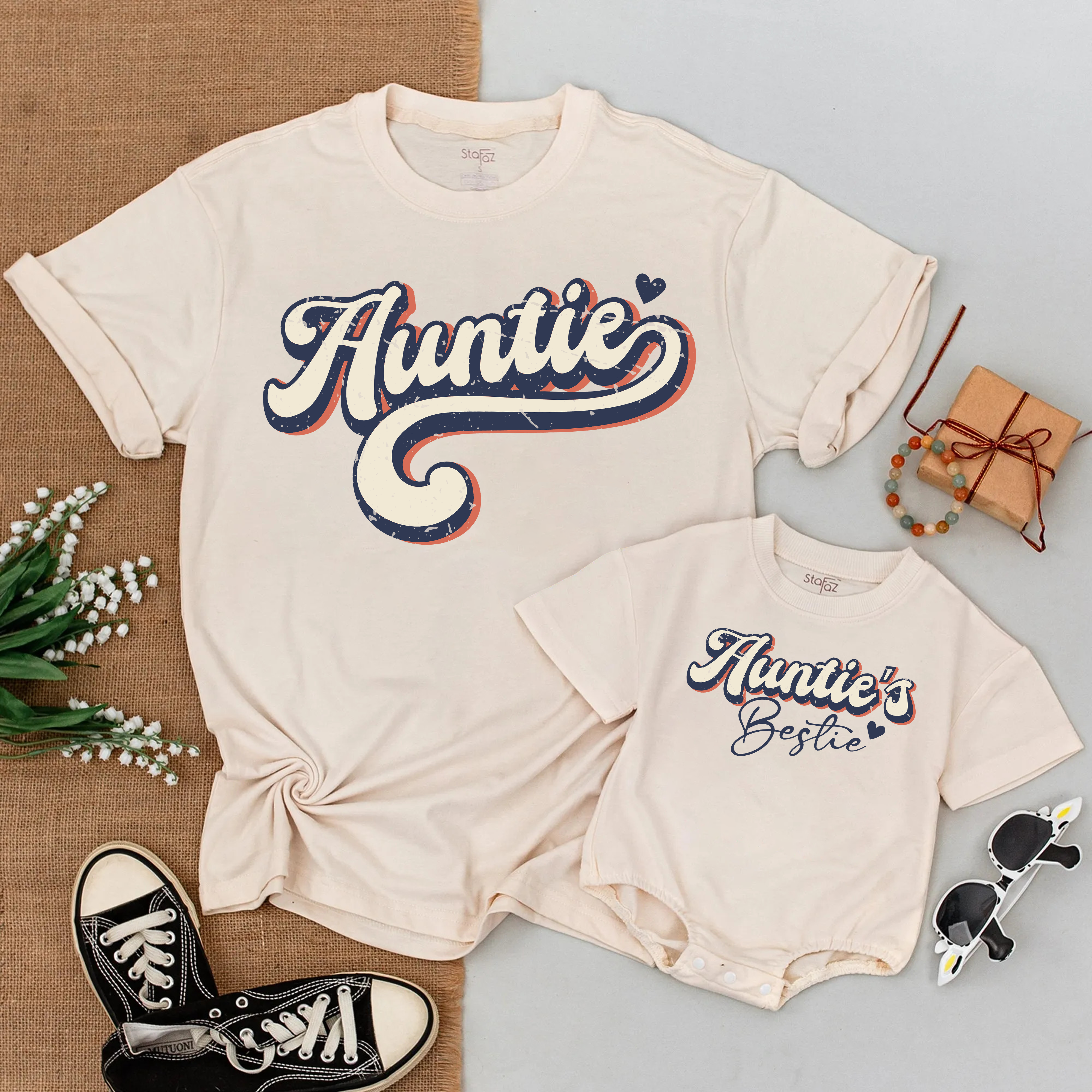 Matching Auntie And Auntie's Bestie T-Shirt: Custom Vintage Baby Romper Kid!
