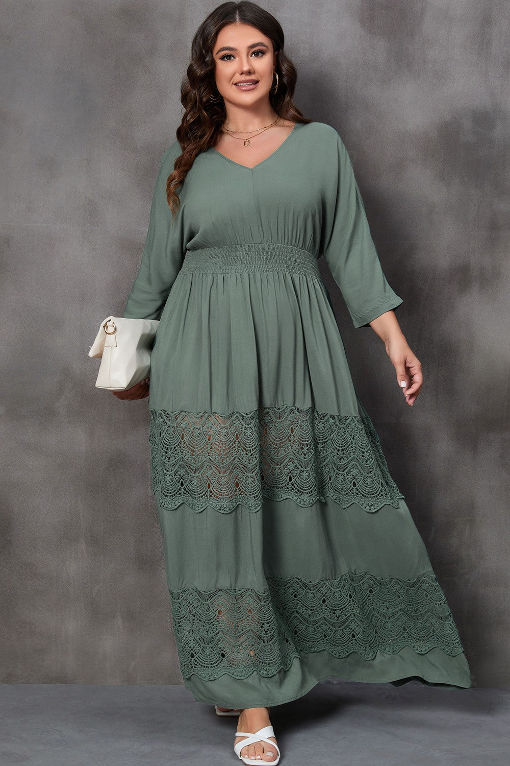 Elegant Plus Size Beach Wedding Guest Dress - Tied V-Neck Smocked Crochet Maxi Dress for a Perfect Seaside Ceremony