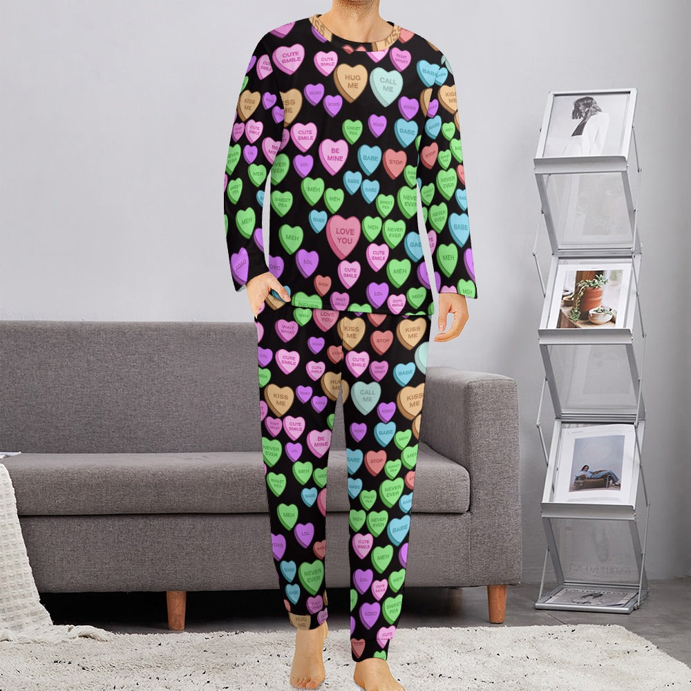 Men's Pajama suit candy heart sweet valentine message black