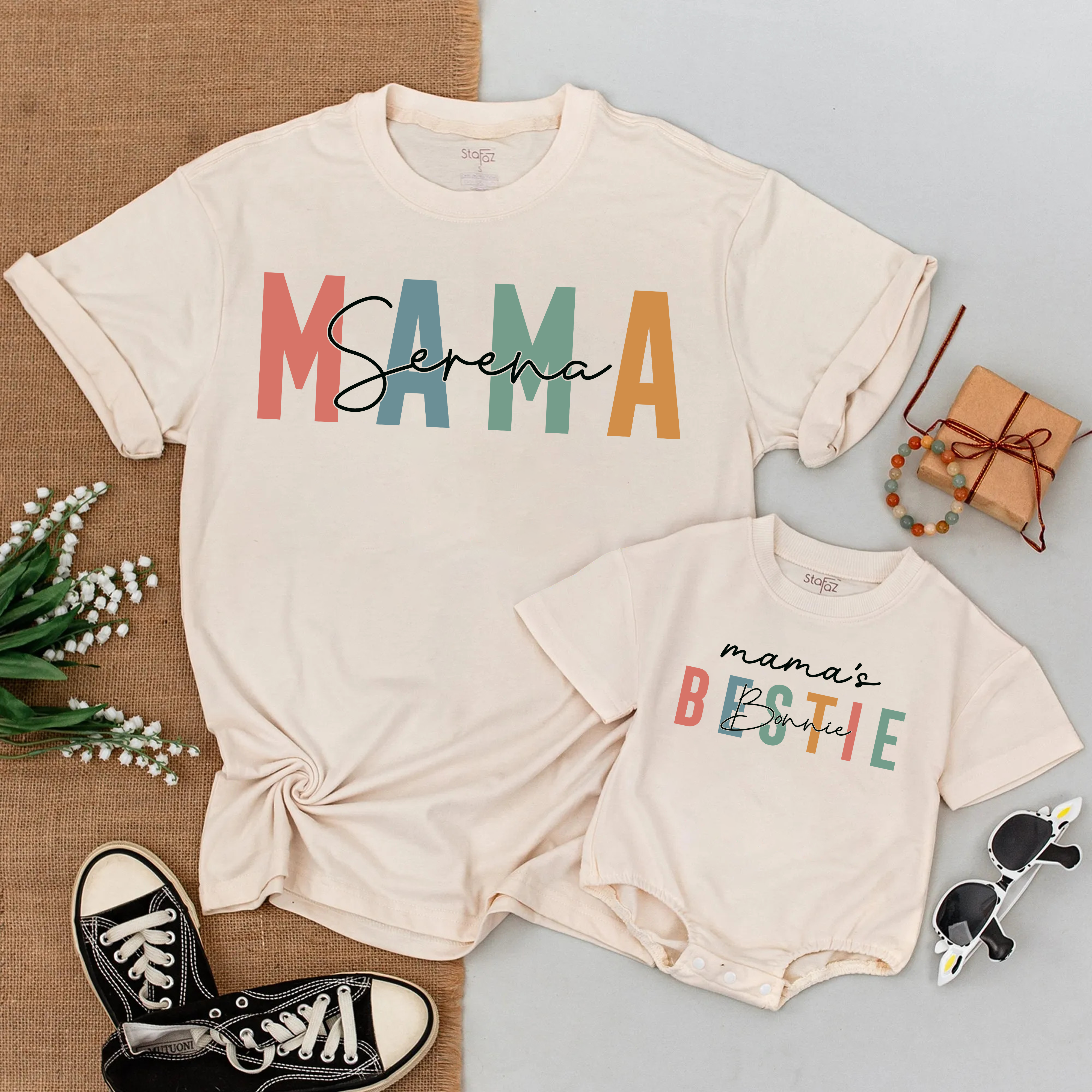 Mama And Mama's Bestie Romper Short Sleeve: Custom Name Family T-Shirt!