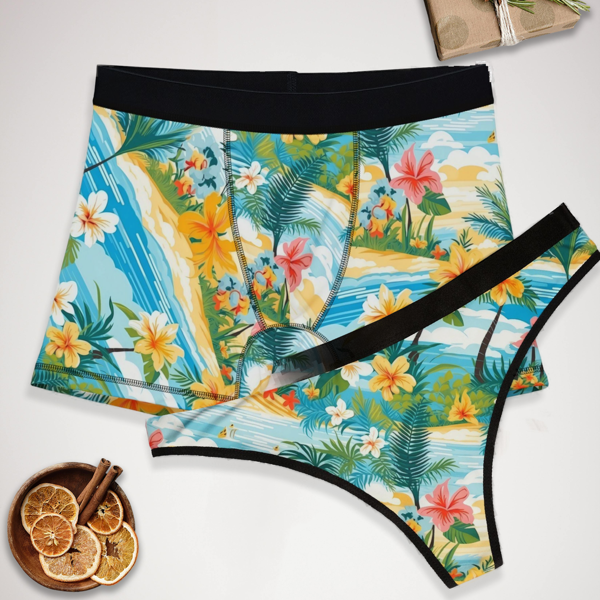 Matching underwear Tropical Summer Beach for couples boxer & thong set