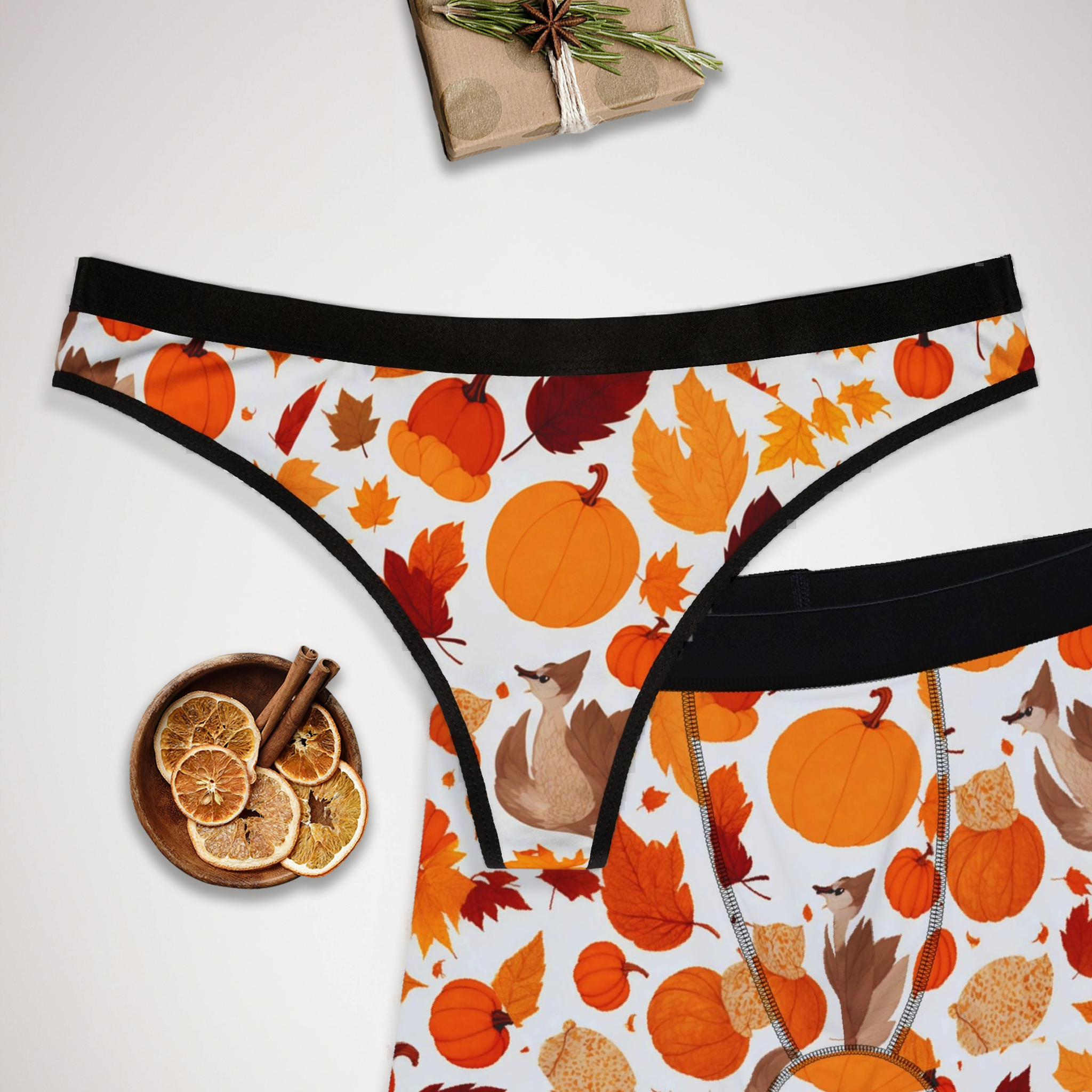 Matching underwear Autumn Leaves for couples boxer & thong set