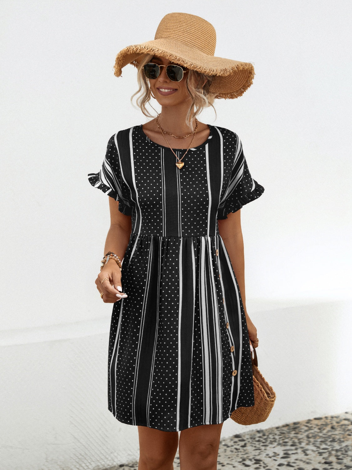 Chic Summer Beach Wedding Guest Dresses for Women Over 50: Striped Polka Dot Frill Short Sleeve Mini Dress