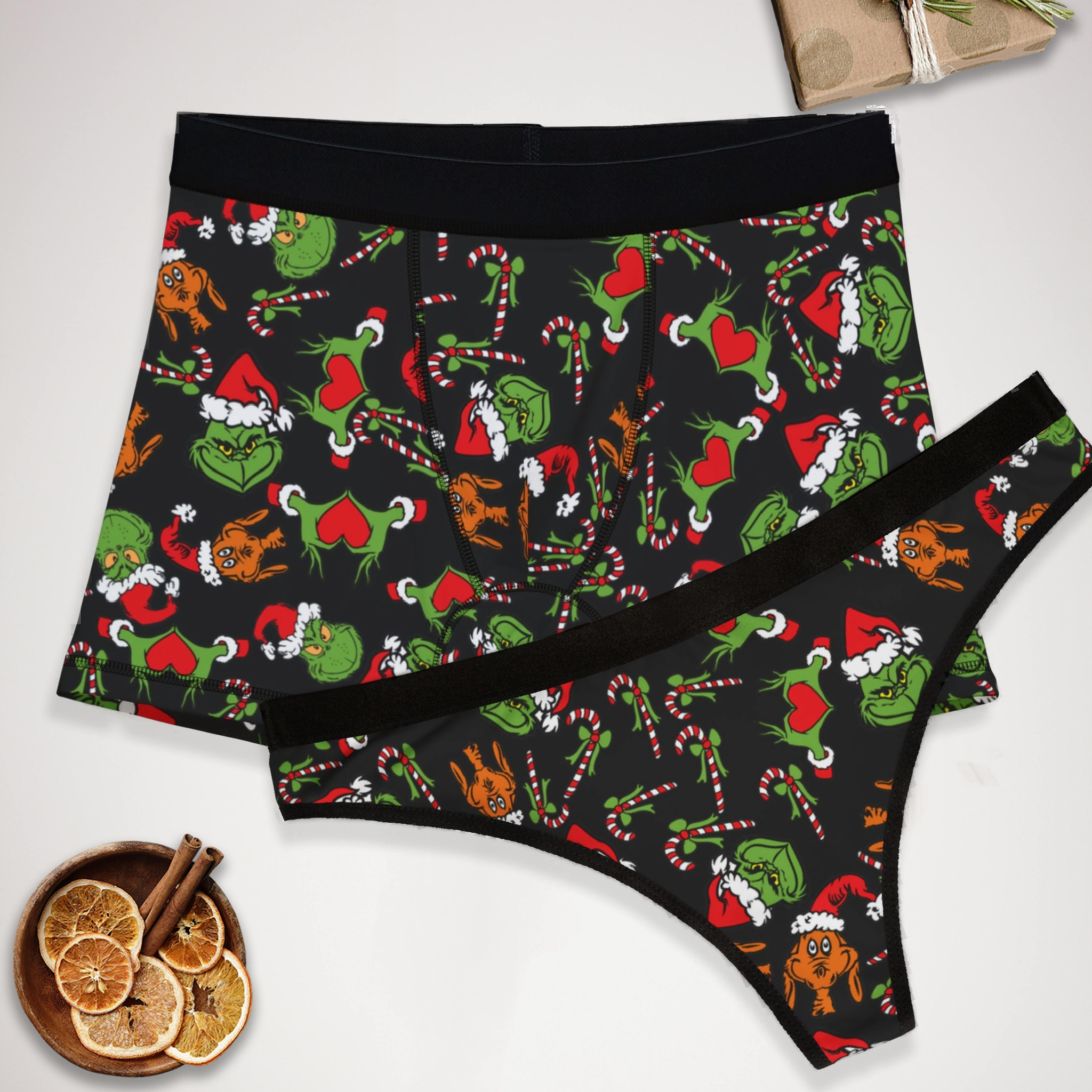 Couples matching  grinch noel christmas underwear set boxer and thong