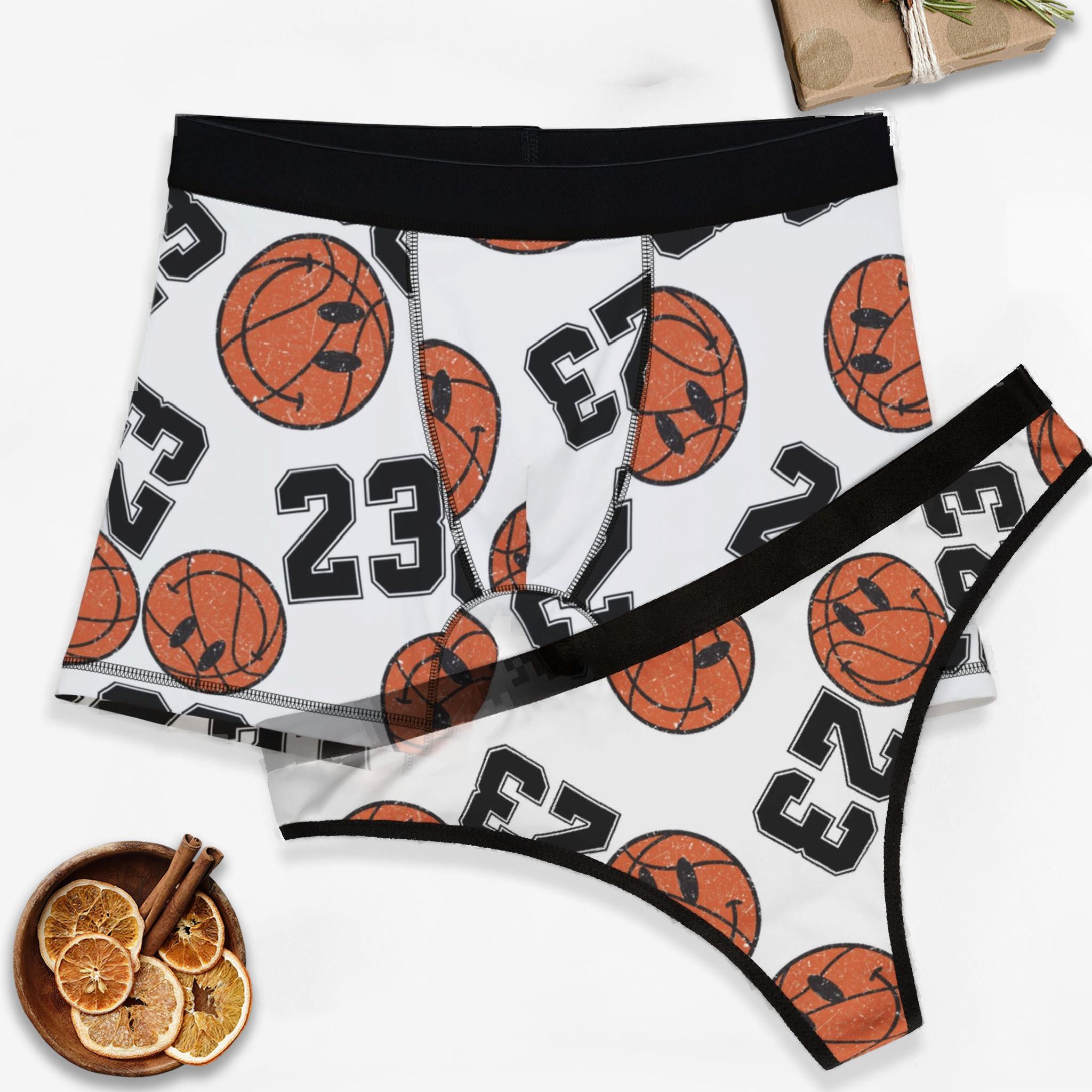 Couples matching number 23 basketball white character underwear set boxer and thong