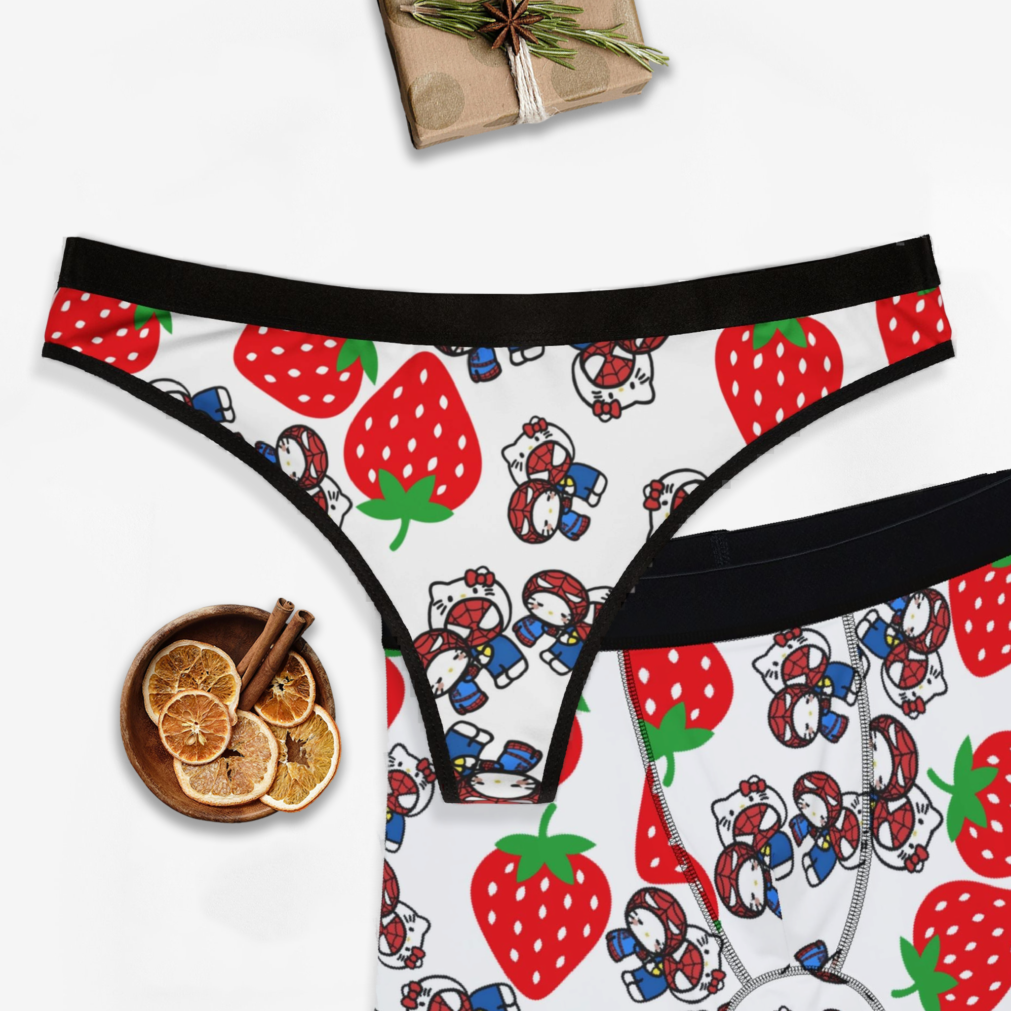 Couples matching  spider kitty strawberry white character underwear set boxer and thong