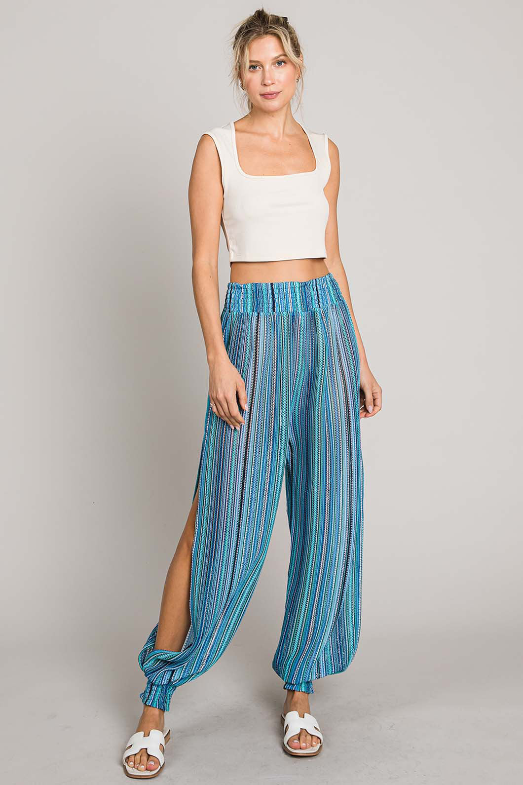 Striped Cotton Smocked Pants - Lightweight Beach Cover Up by Cotton Bleu, Perfect for Summer & Travel