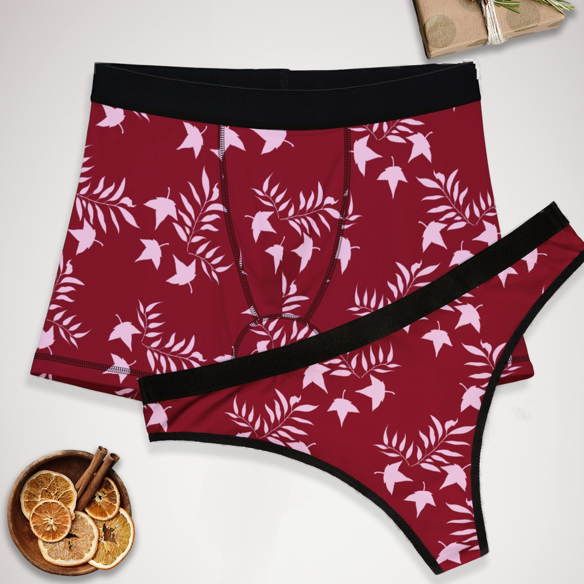 Matching underwear Autumn Leaves for couples boxer & thong set
