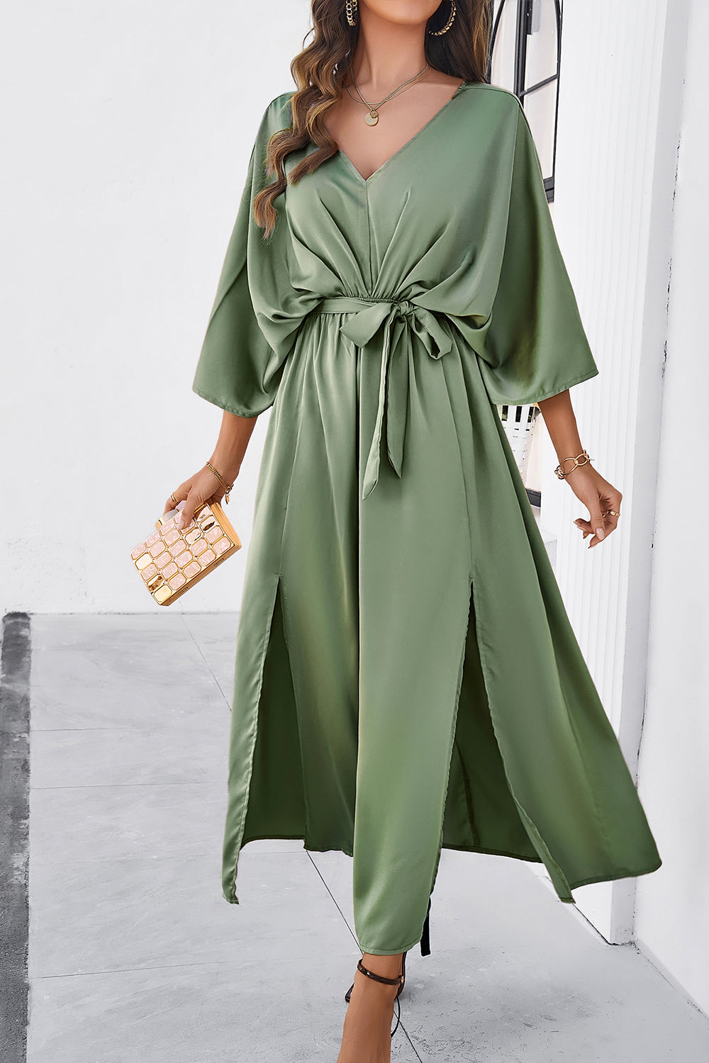 Elegant Summer Beach Wedding Guest Dress for Women Over 50: Slit Tied V-Neck with Three-Quarter Sleeves Party Dress