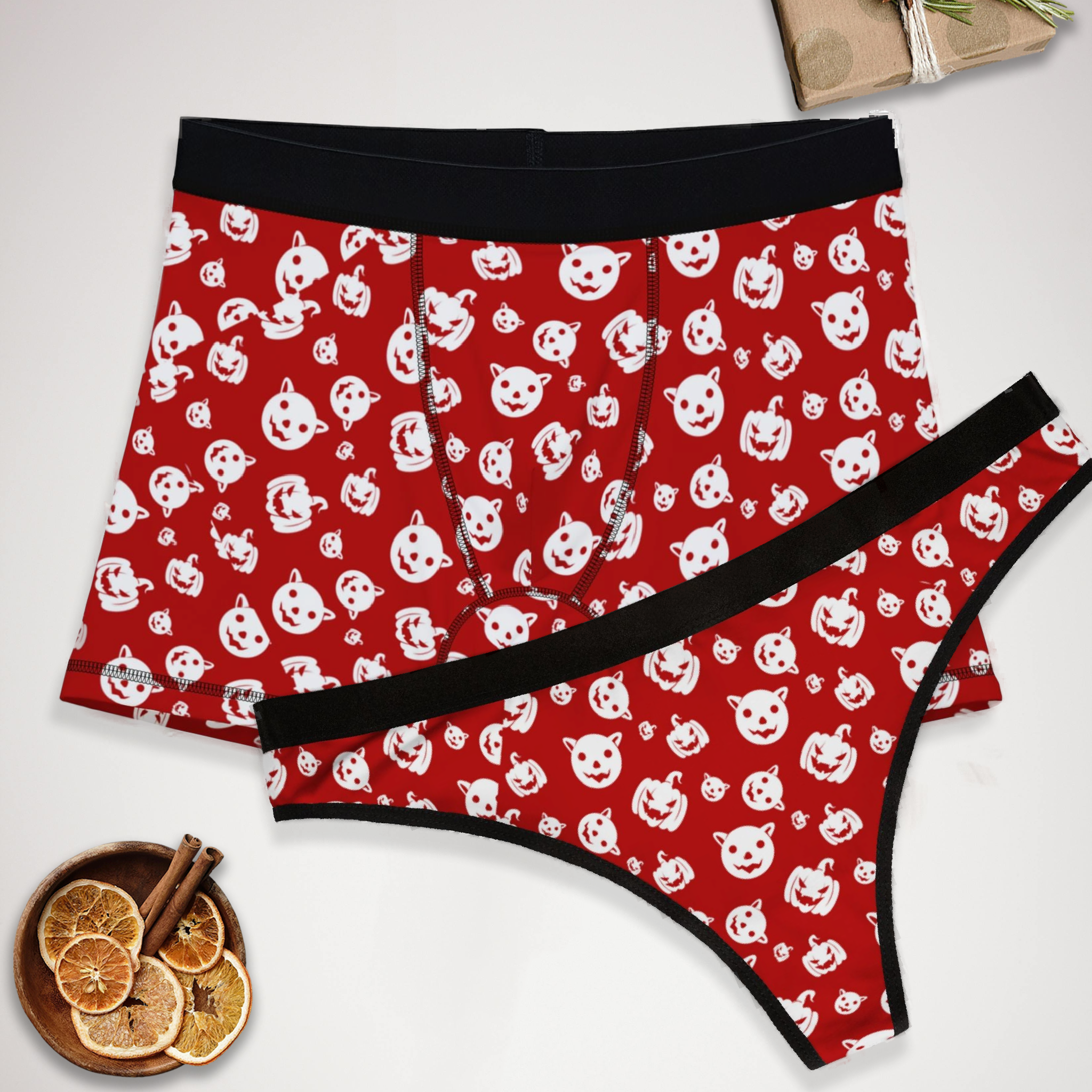 Matching underwear Red Halloween for couples boxer & thong set