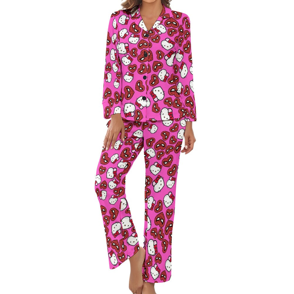 Women's Pajama Set spider kitty double hearts pink