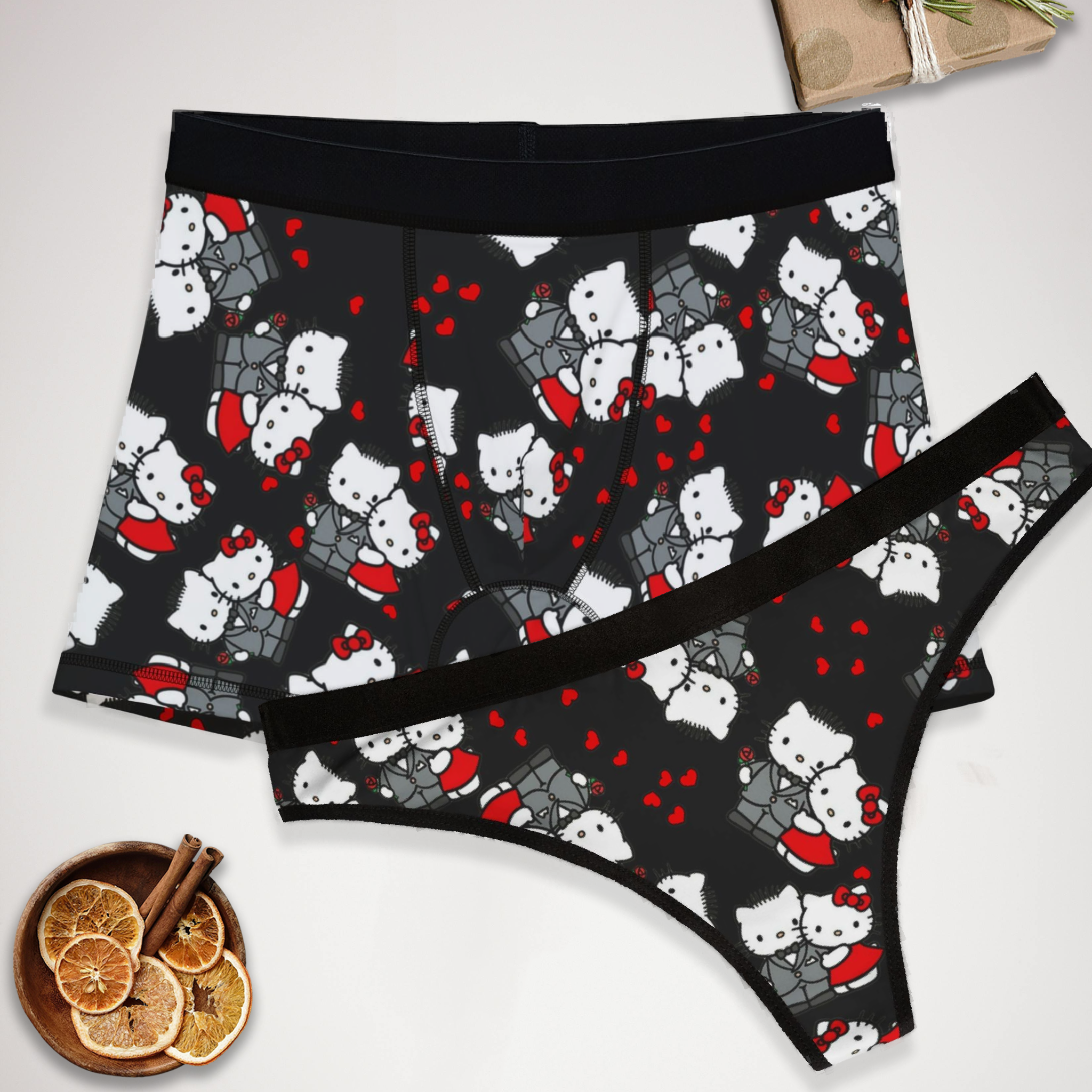 Couples matching  kitty wedding anniversary underwear set boxer and thong