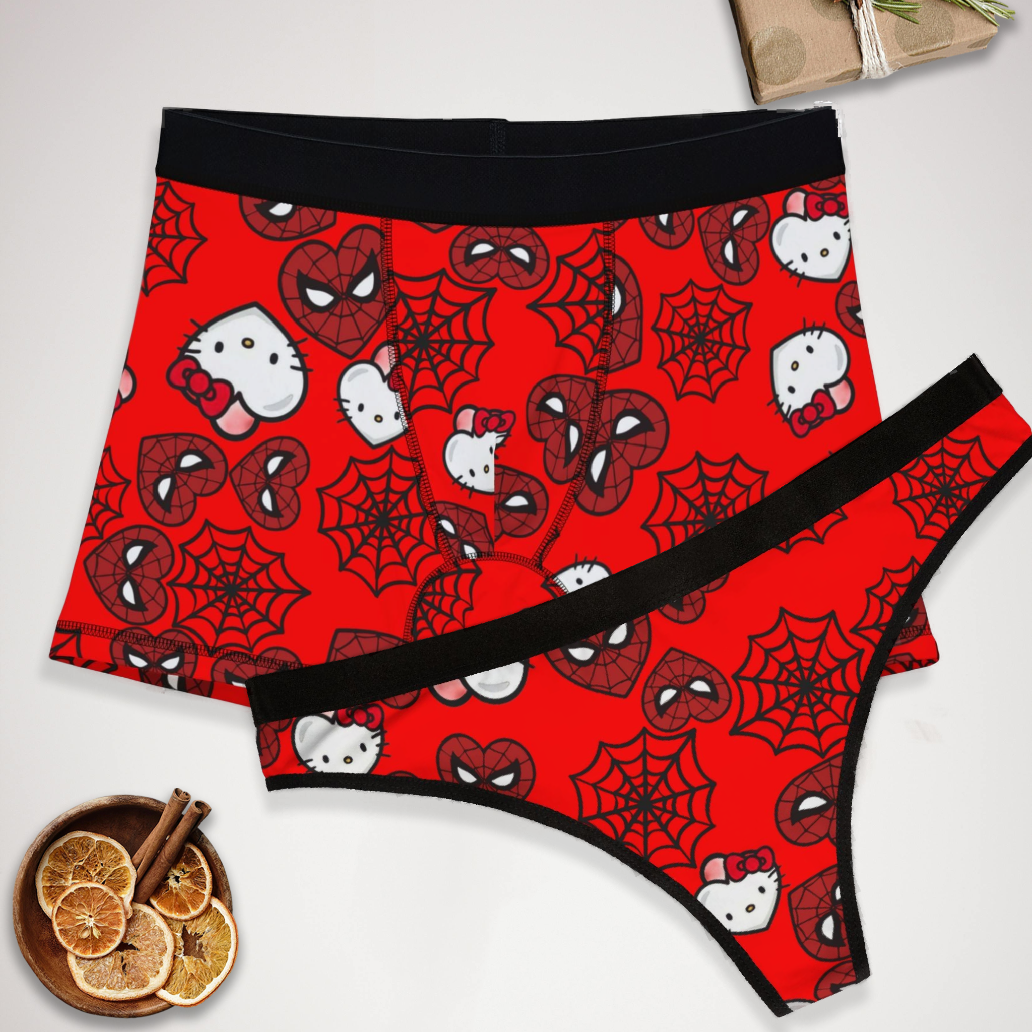 Couples matching  kitty spider web heart character underwear set boxer and thong