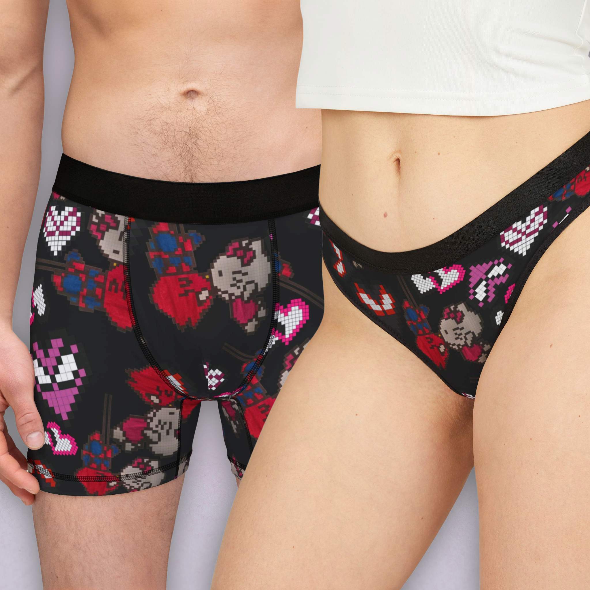 Couples matching  spider kitty pixel kiss hearts underwear set boxer and thong