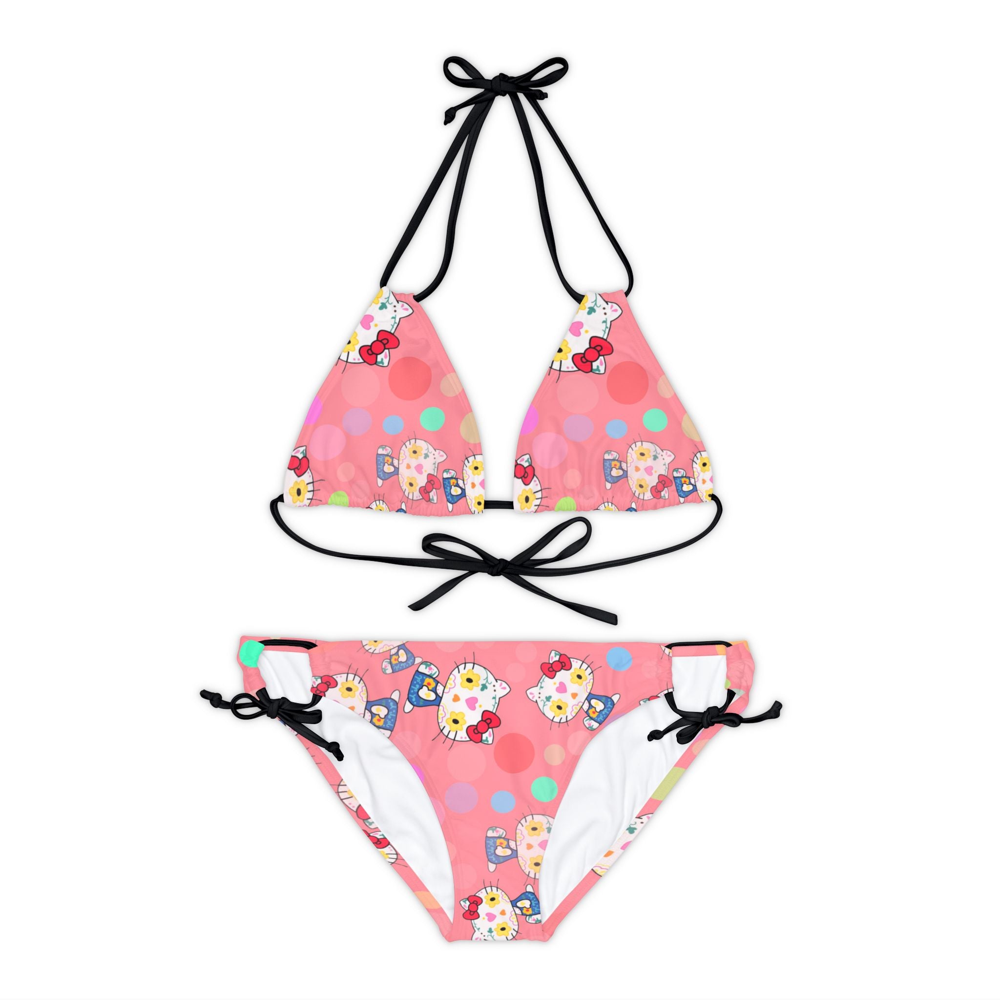 Strappy bikini set kitty flower polka dots pink