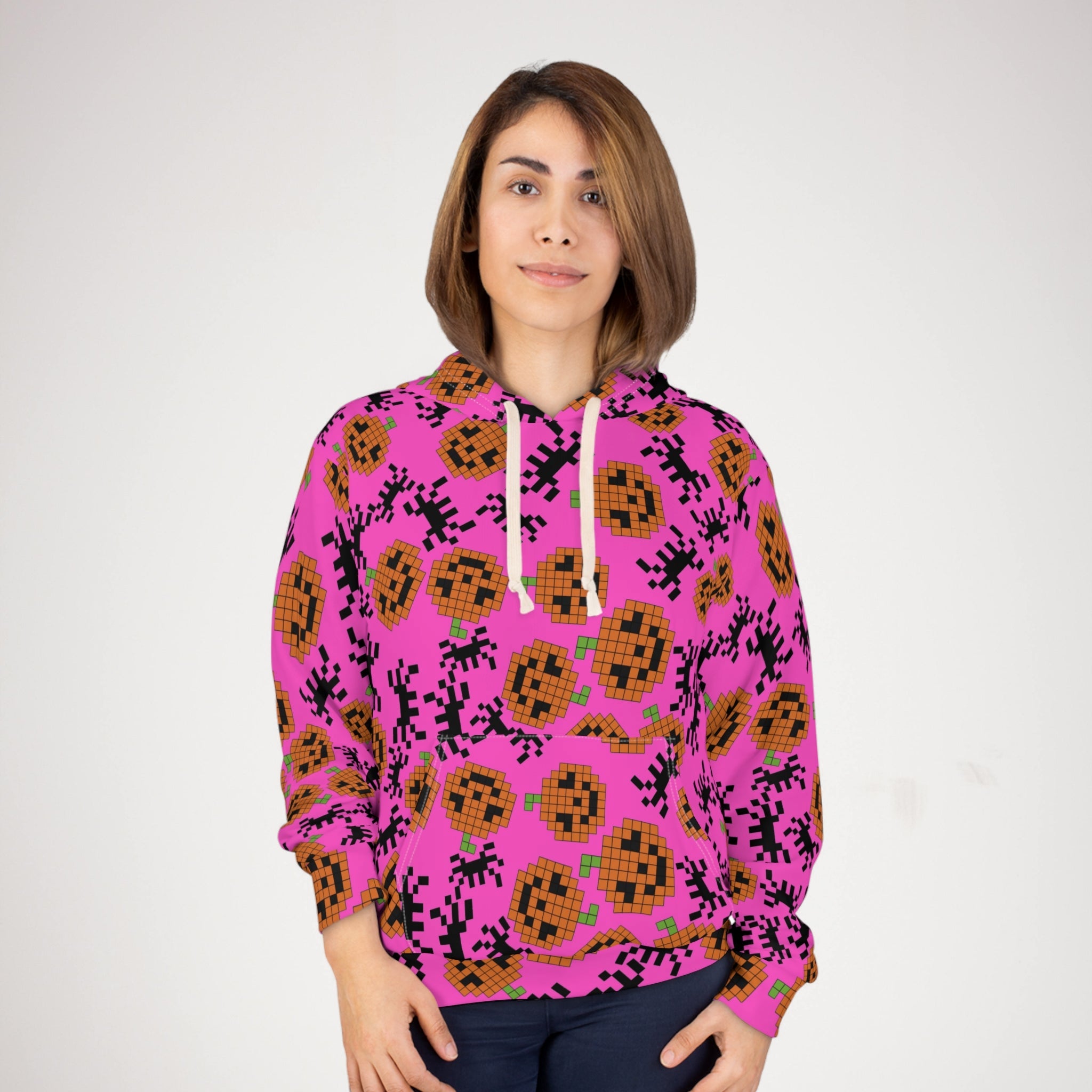 Unisex pullover hoodie pumpkin spider pixel halloween pink