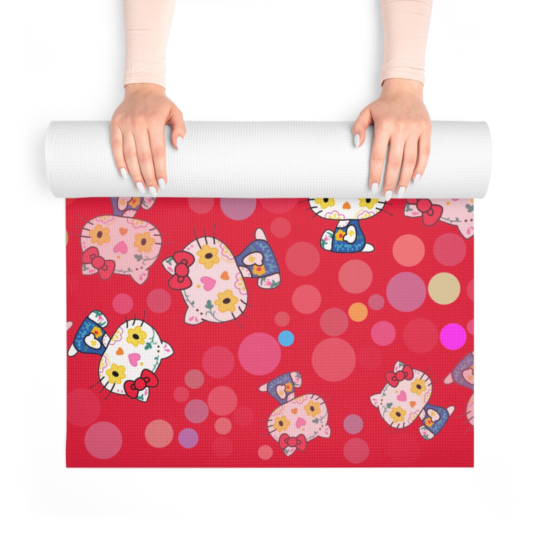 Foam yoga mat kitty flower polka dots red