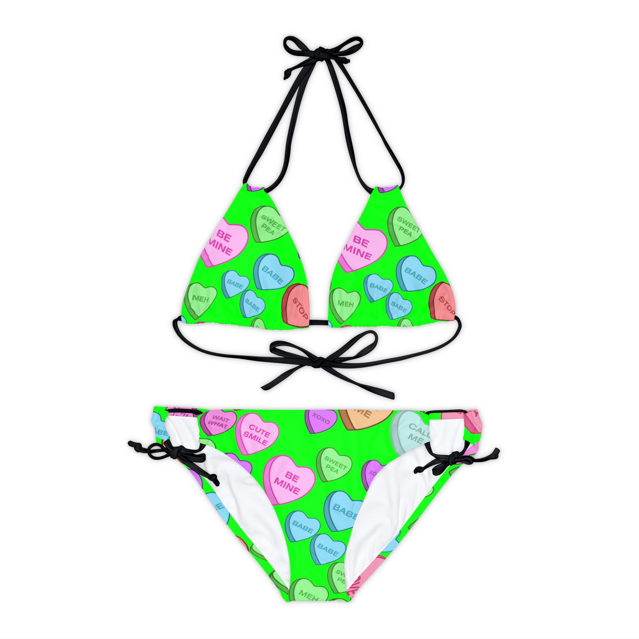 Strappy bikini set candy heart sweet valentine message green