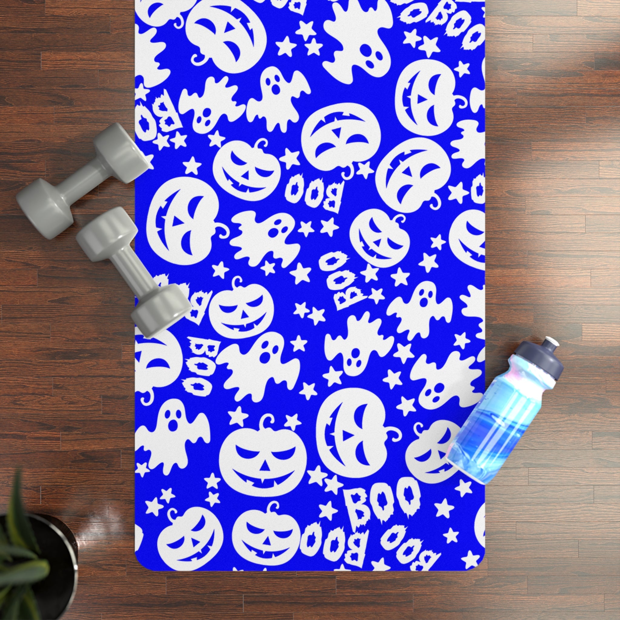 Rubber yoga mat boo halloween ghost pumpkin blue