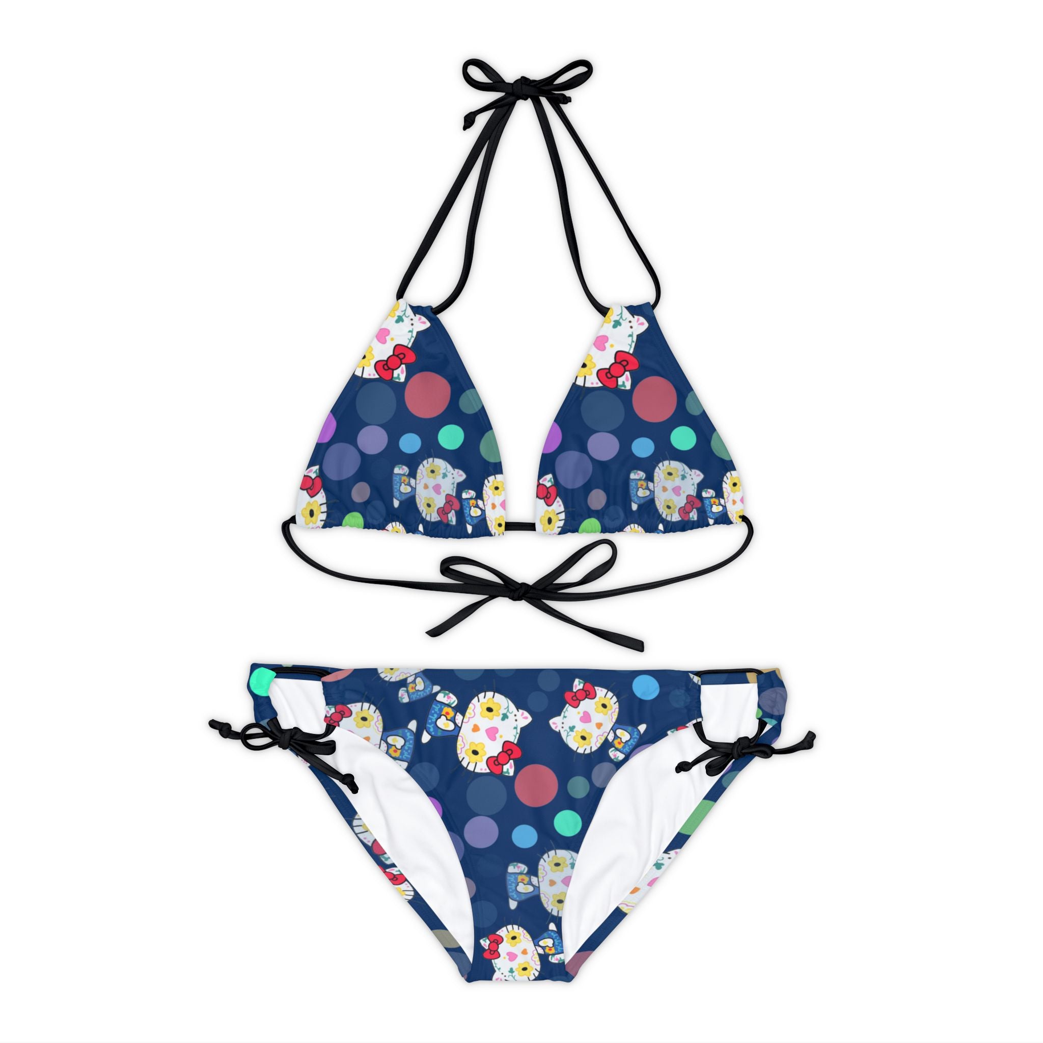 Strappy bikini set kitty flower polka dots blue