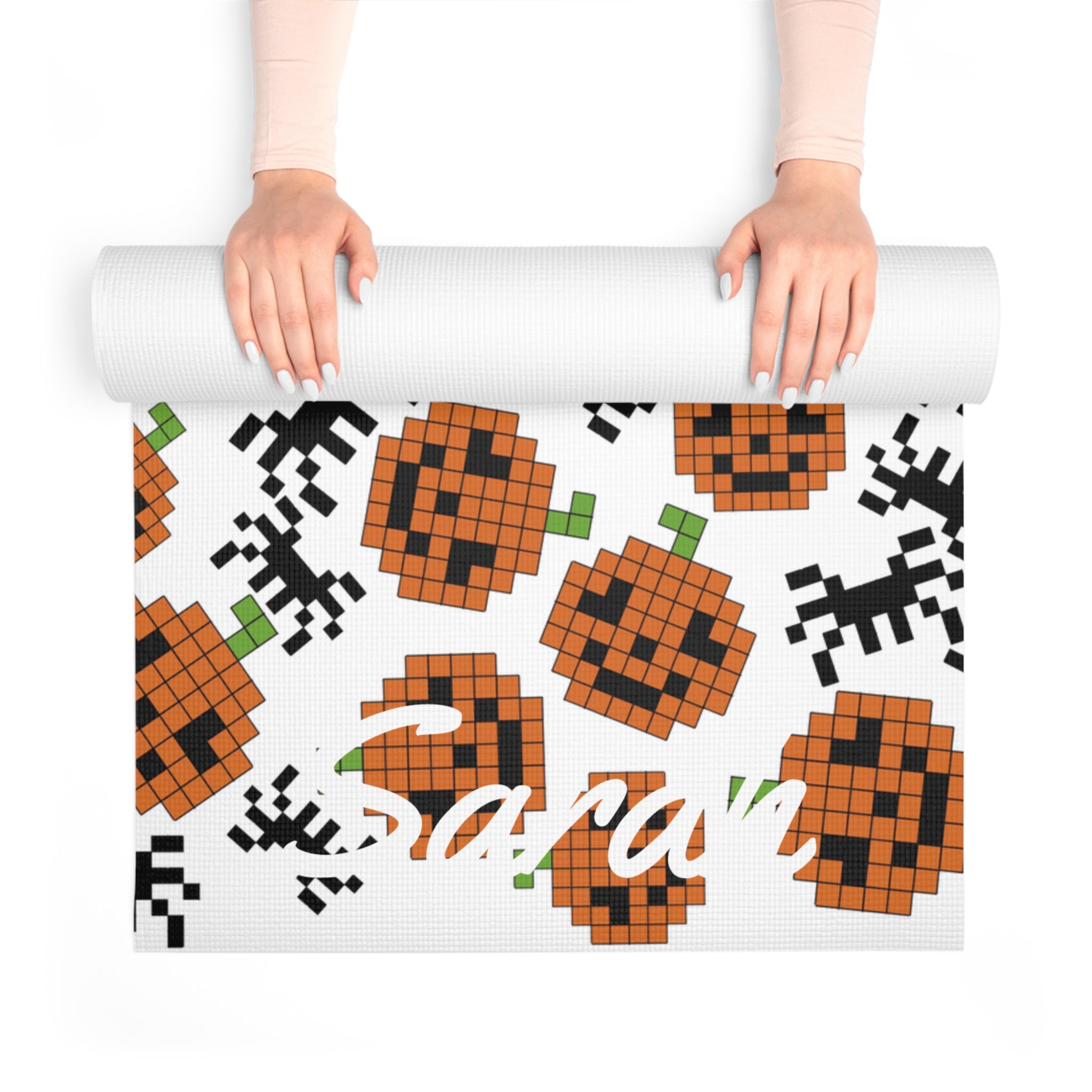 Custom name foam yoga mat pumpkin spider pixel halloween white