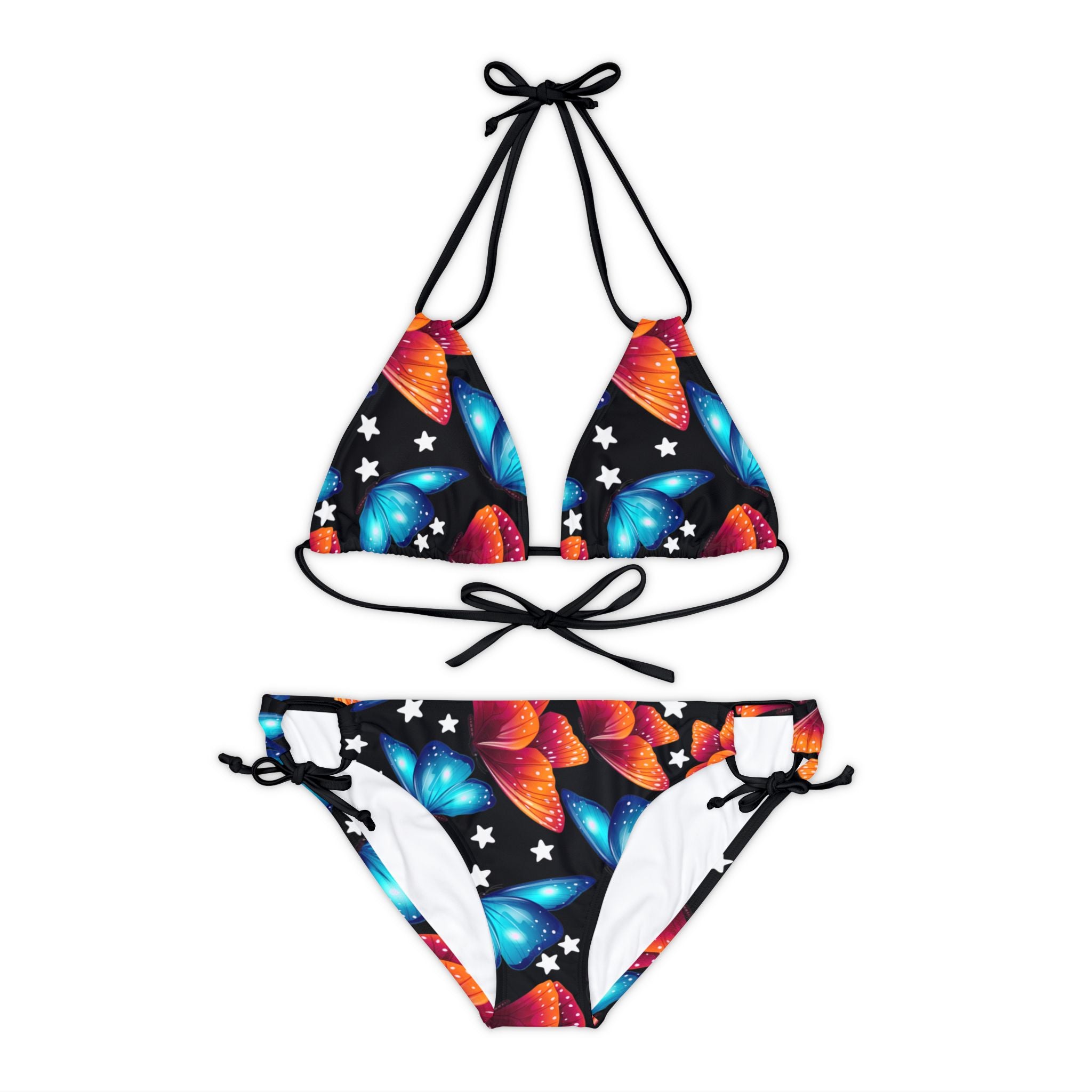 Strappy bikini set butterflies stars black