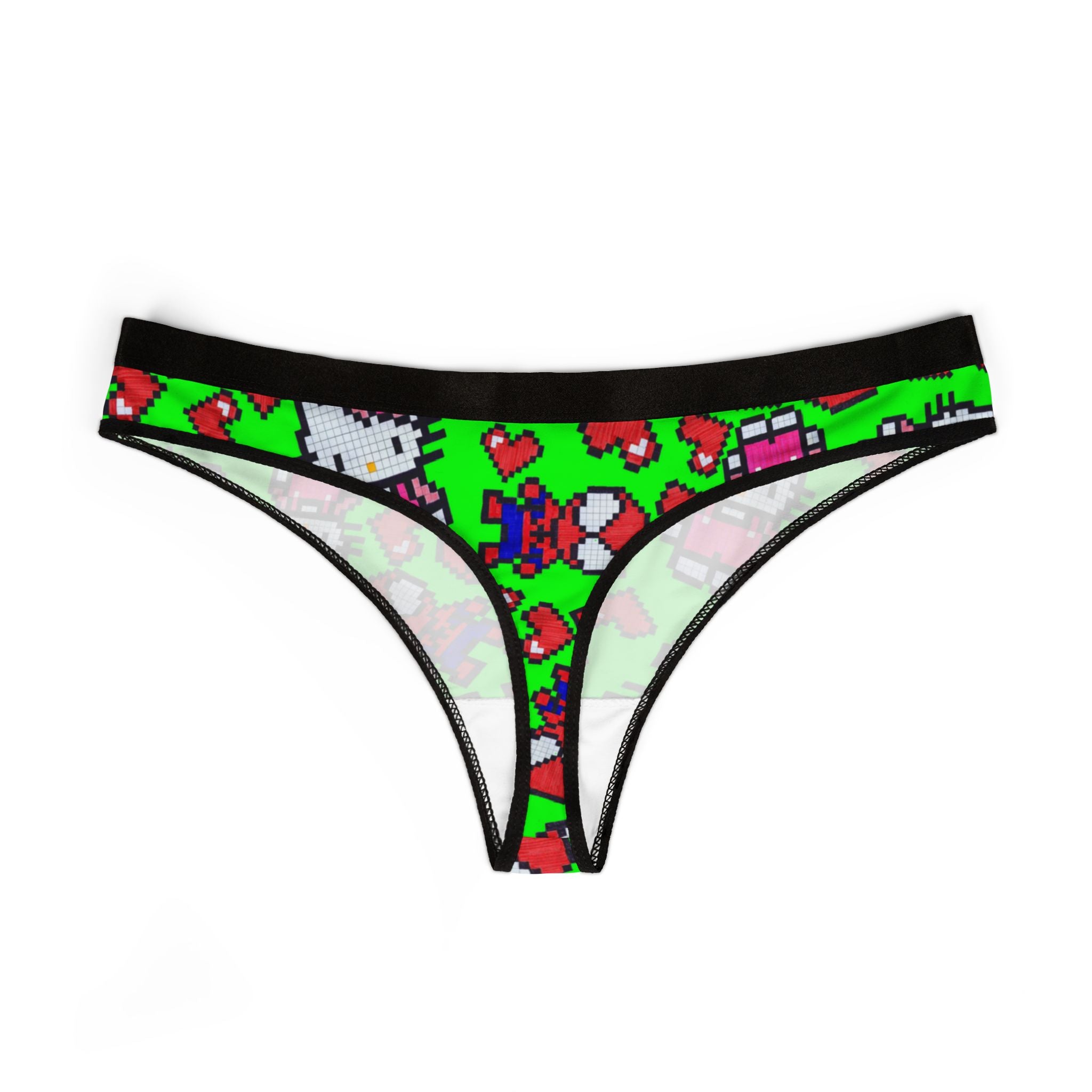 Women's thongs spider kitty pixel heart character love valentine green