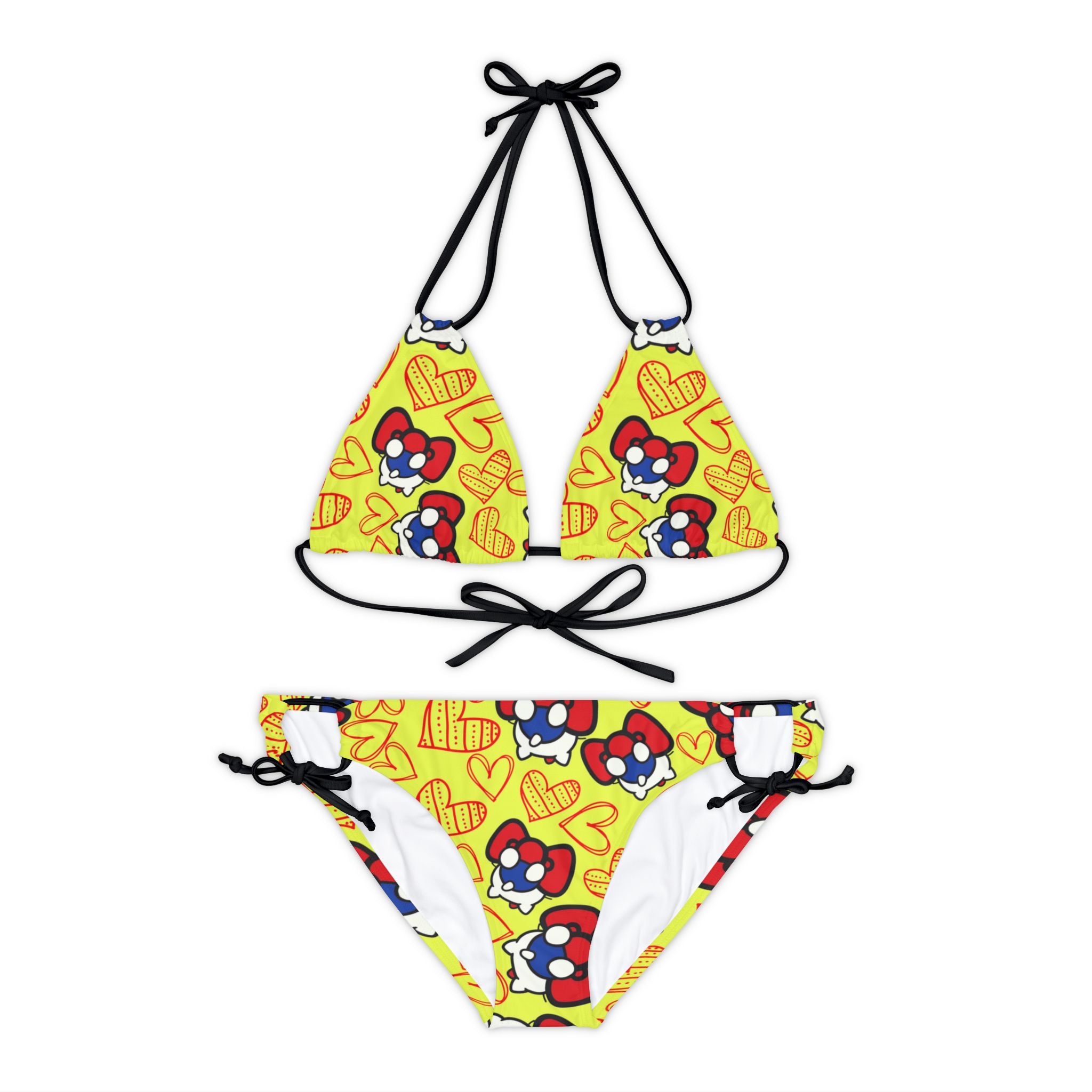 Strappy bikini set cherry kitty back heart yellow