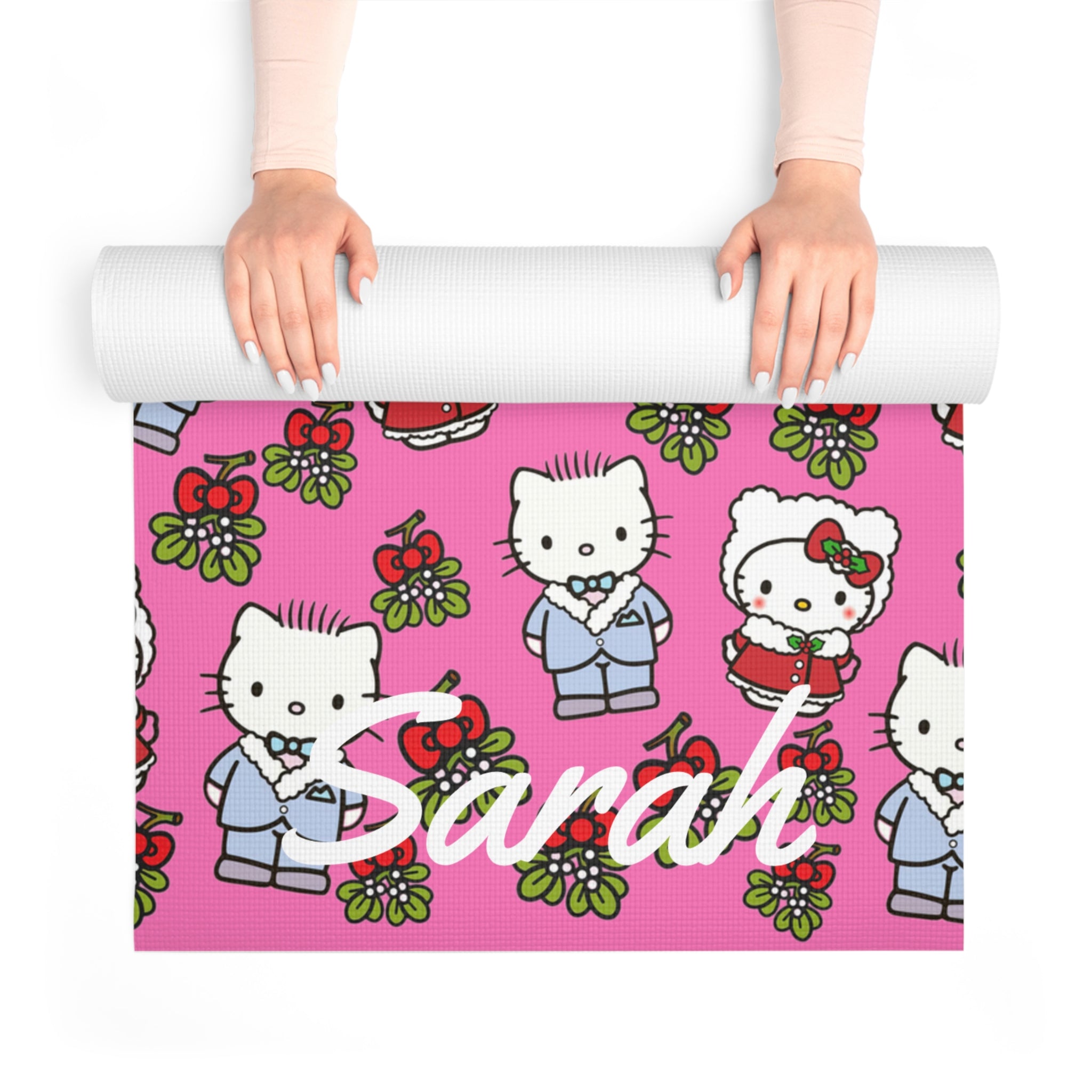 Custom name foam yoga mat kitty wedding valentine pink