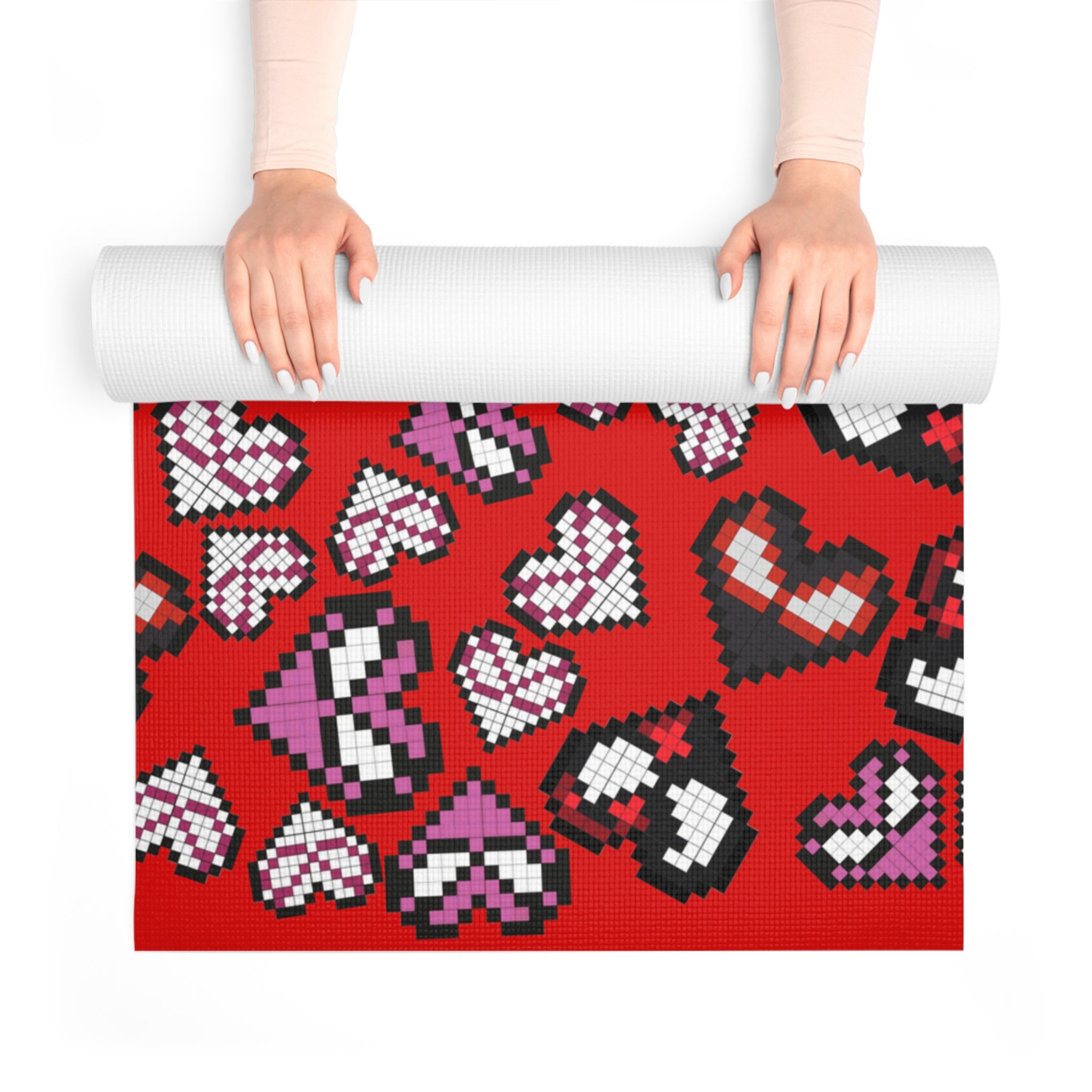 Foam yoga mat spider hearts pixel red