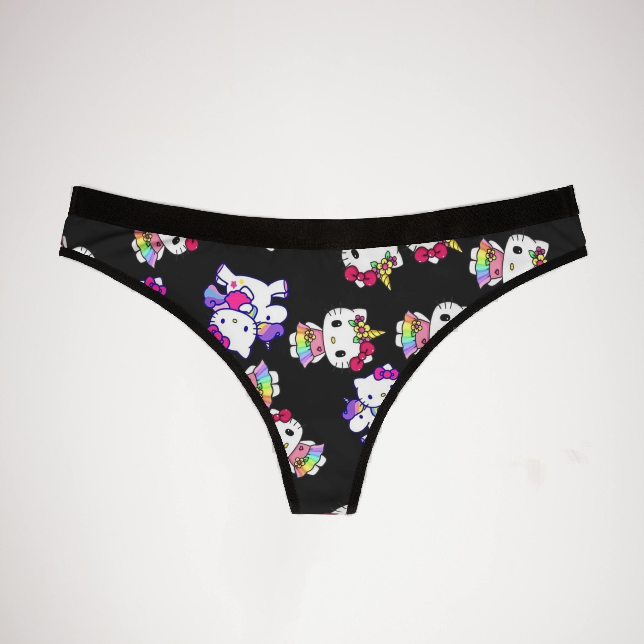 Women's thongs kitty unicorn rainbow valentine love black