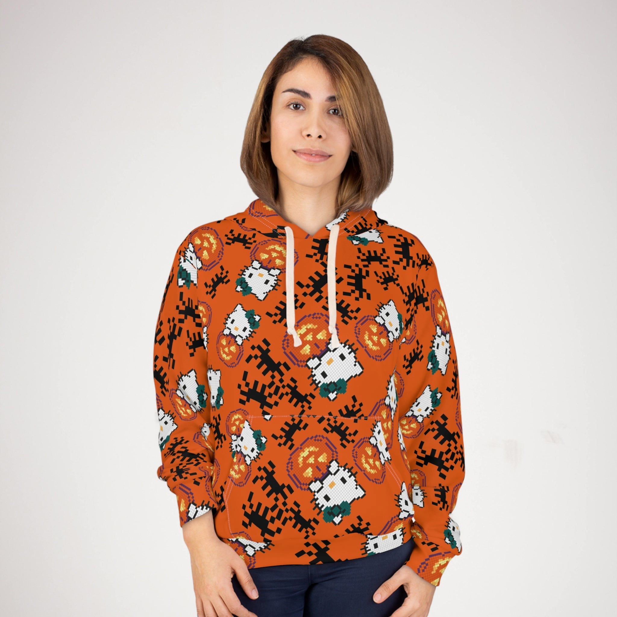 Unisex pullover hoodie kitty pumpkin Halloween pixel spider orange