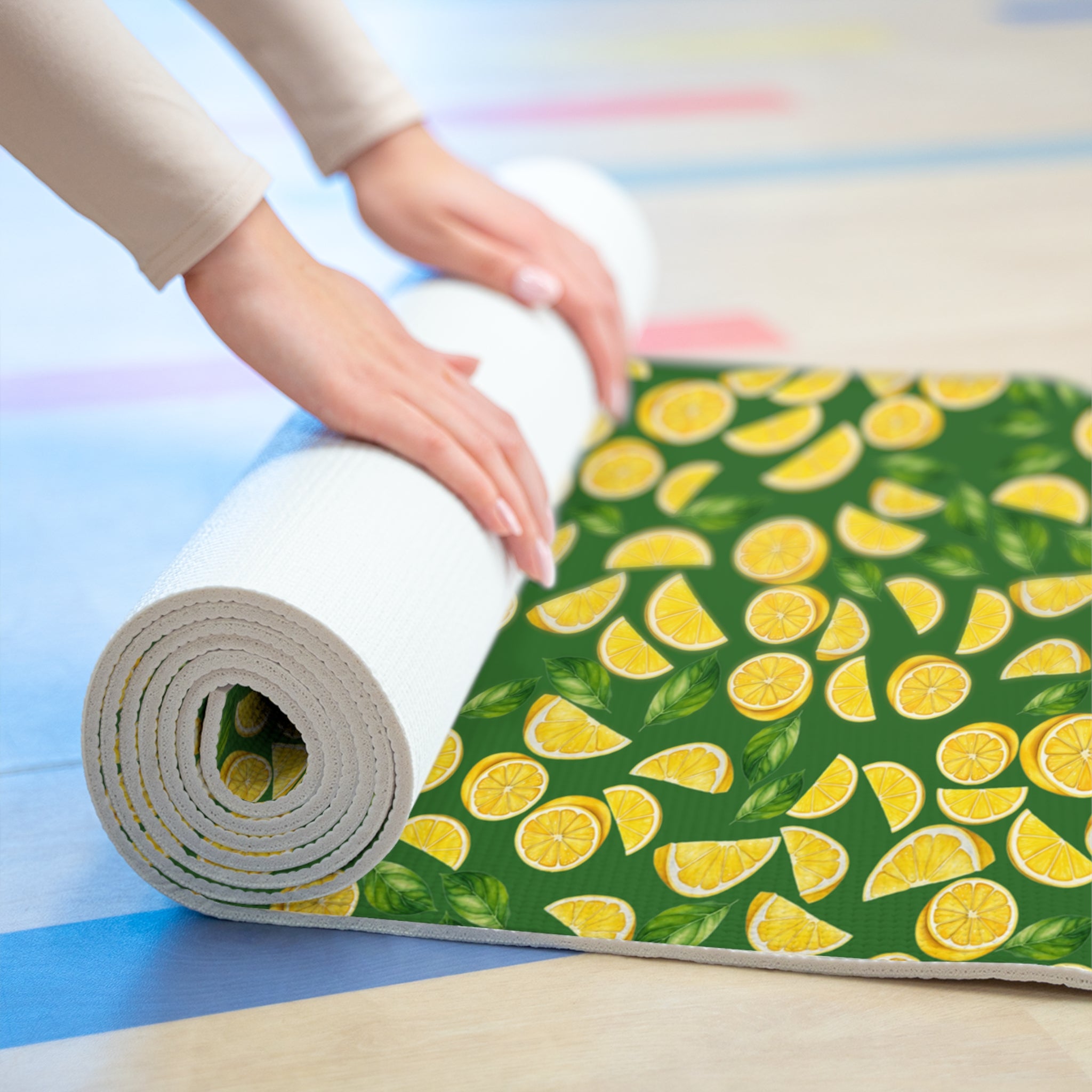 Foam yoga mat lemon and leaves green