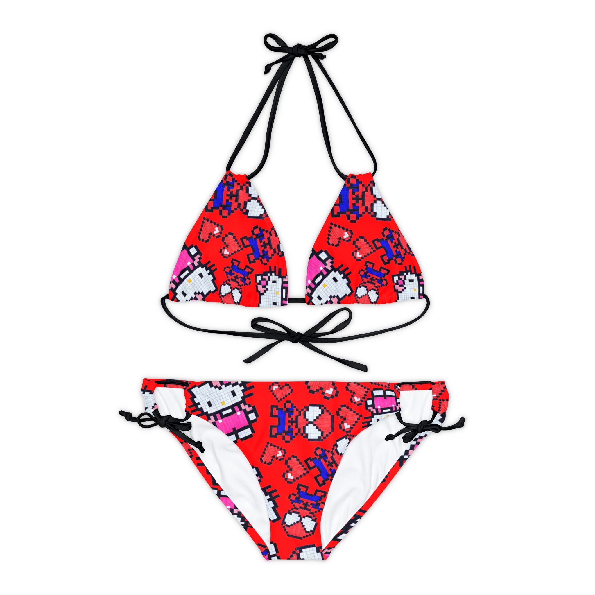 Strappy bikini set spider kitty pixel heart character love valentine red