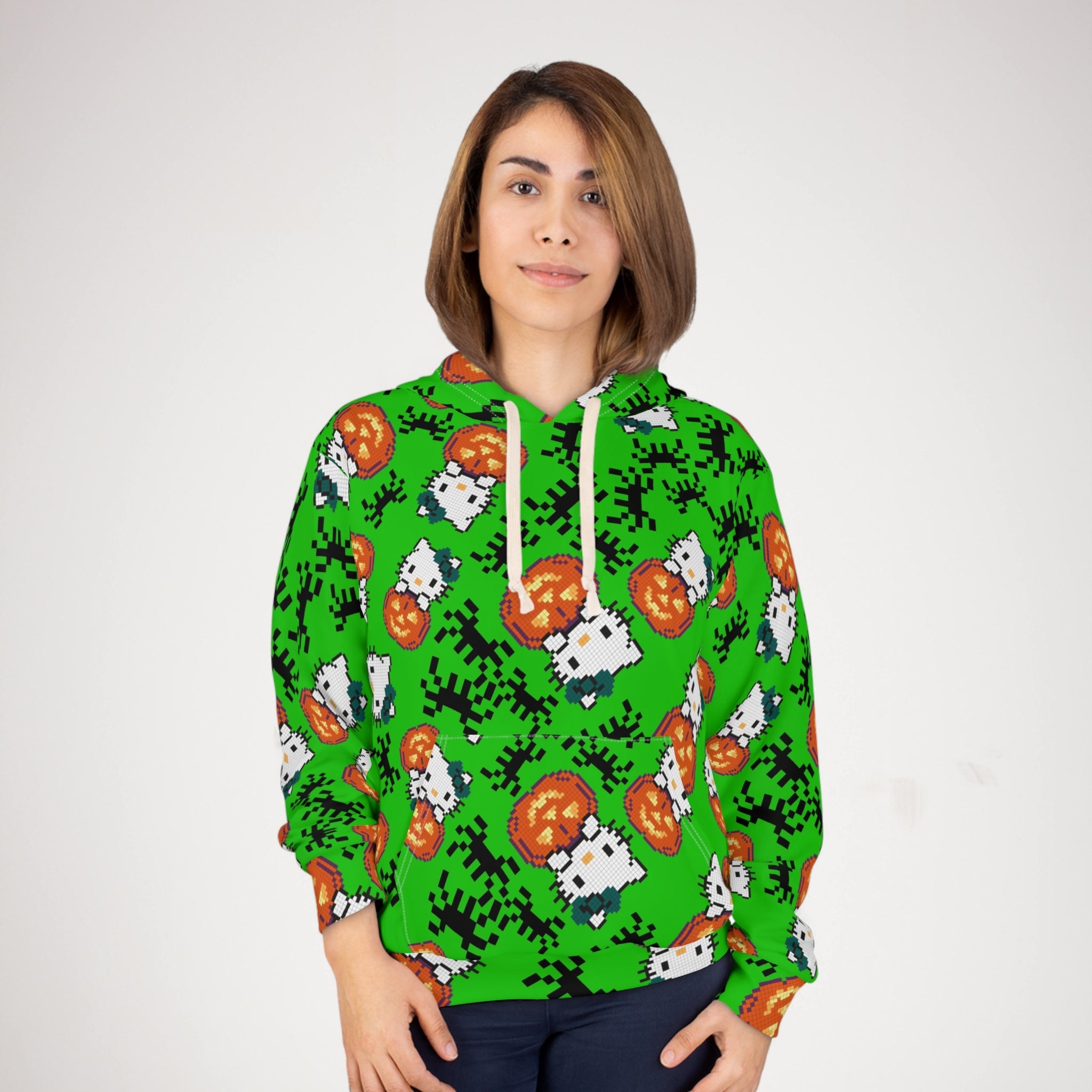 Unisex pullover hoodie kitty pumpkin Halloween pixel spider green