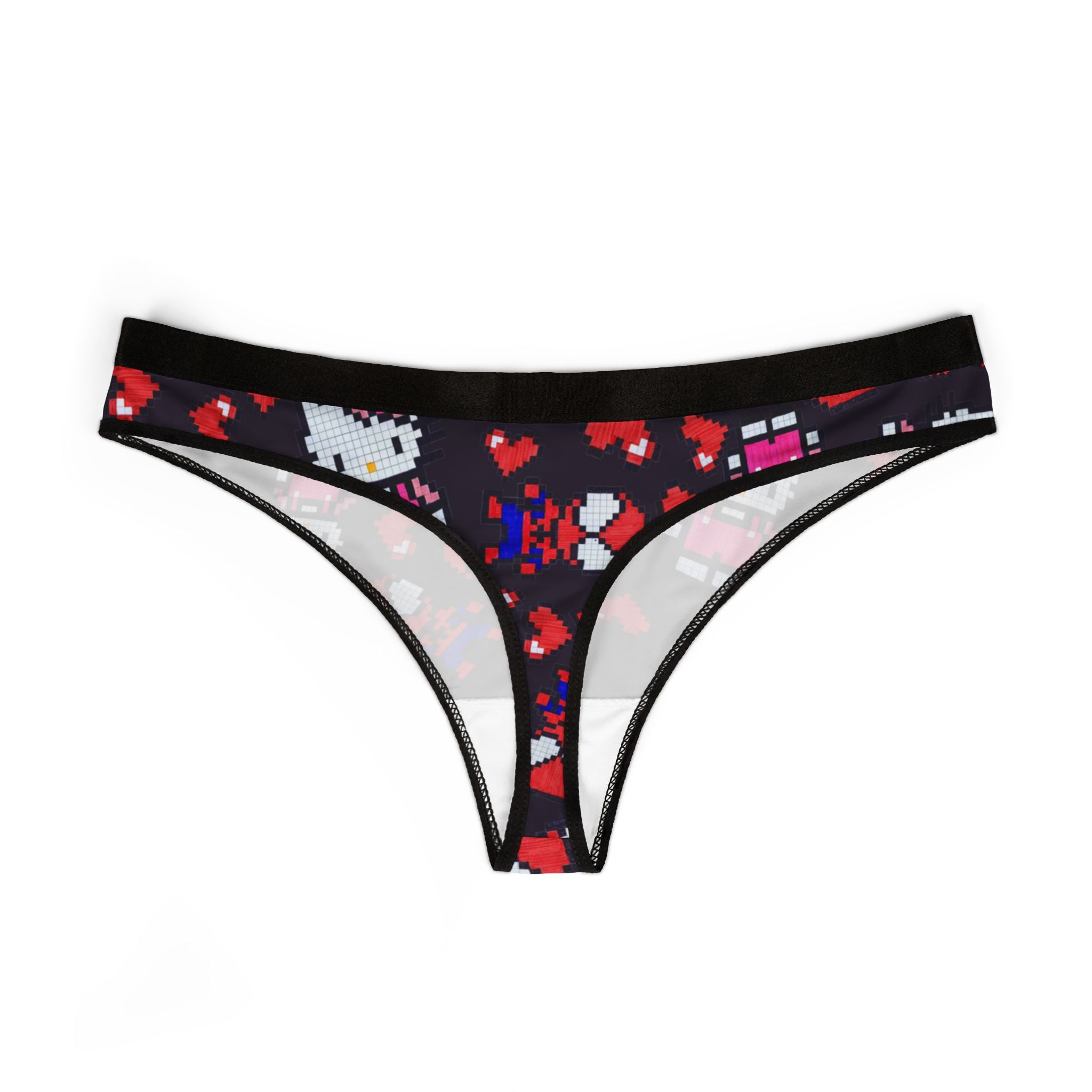 Women's thongs spider kitty pixel heart character love valentine black