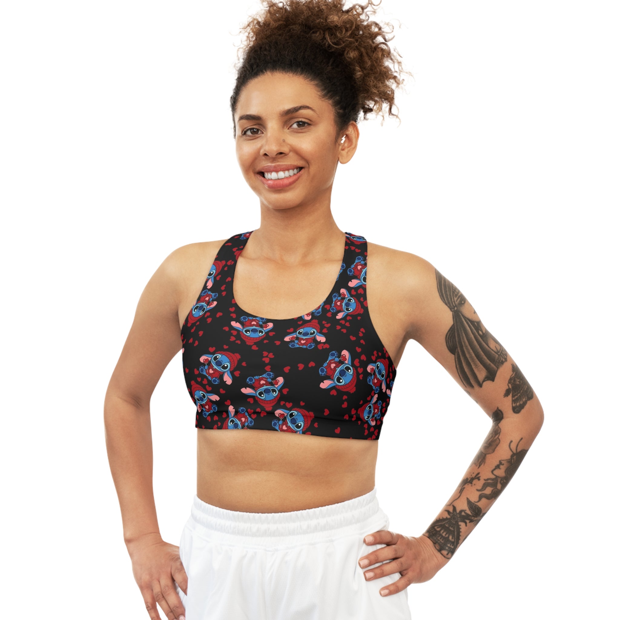 Sports bra stitch valentine cream heart black