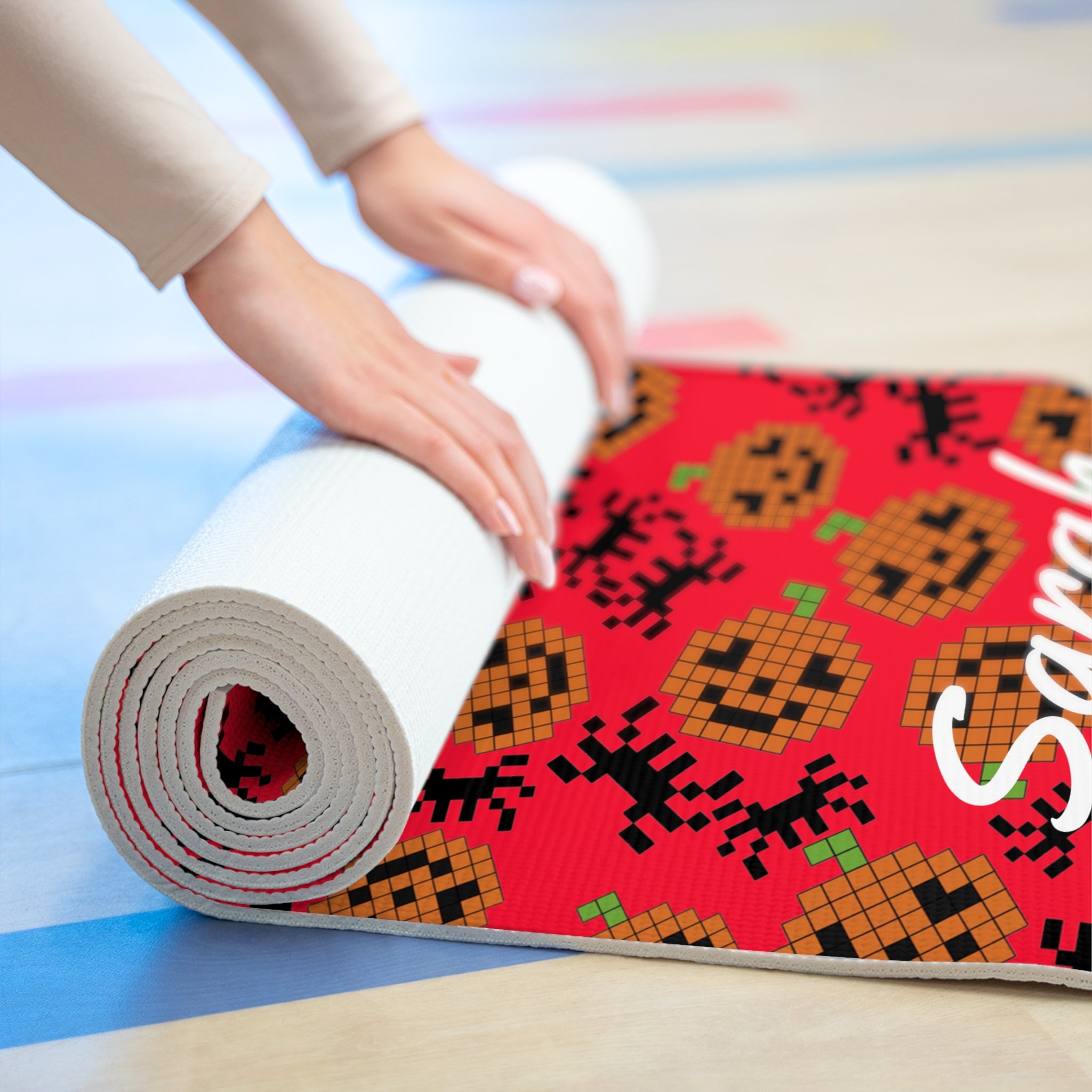 Custom name foam yoga mat pumpkin spider pixel halloween red