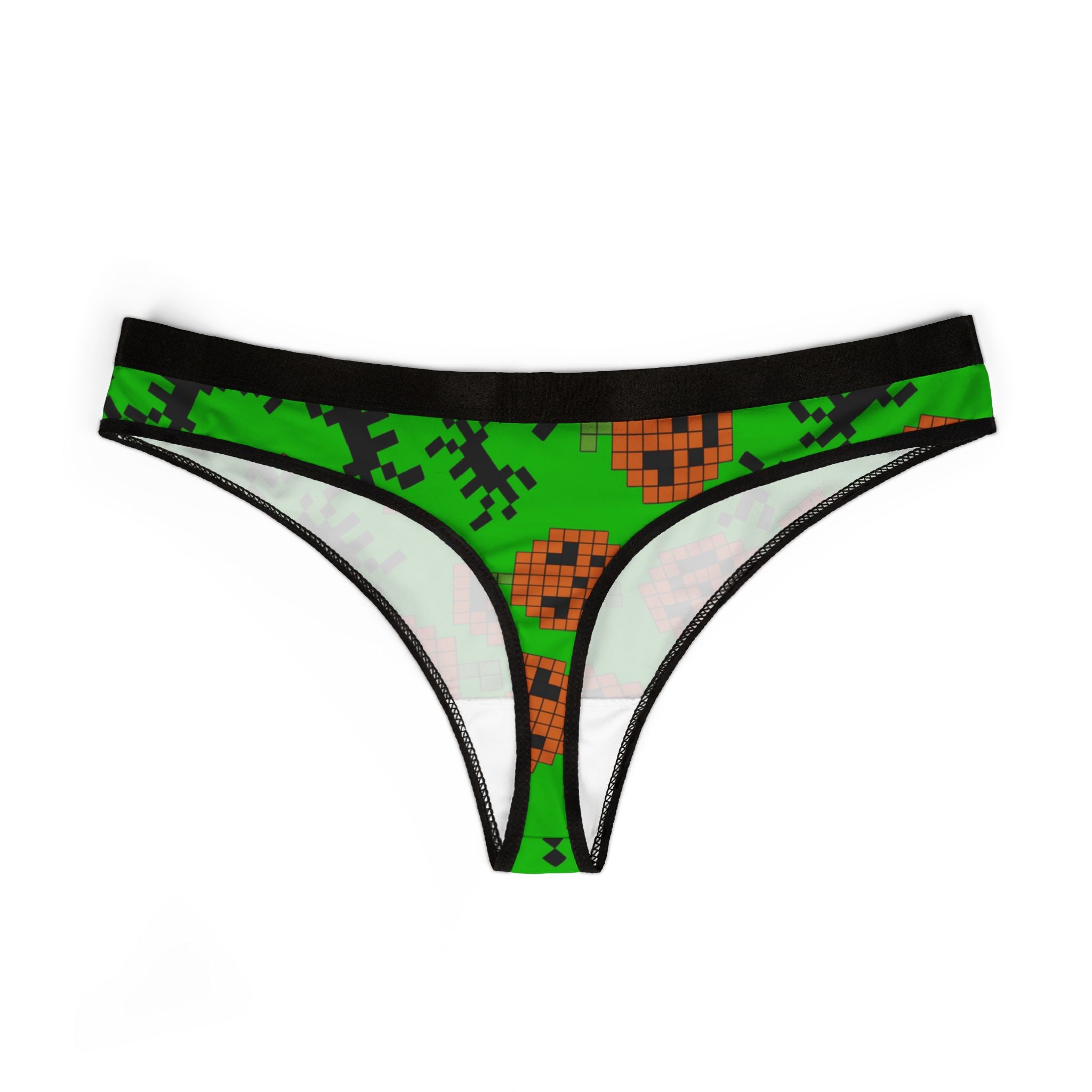 Women's thongs pumpkin spider pixel halloween green