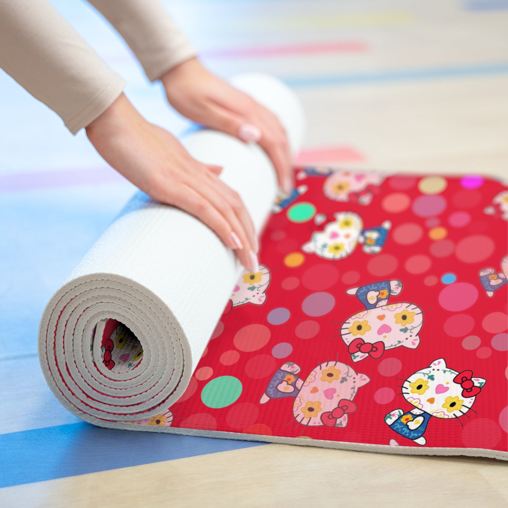 Foam yoga mat kitty flower polka dots red