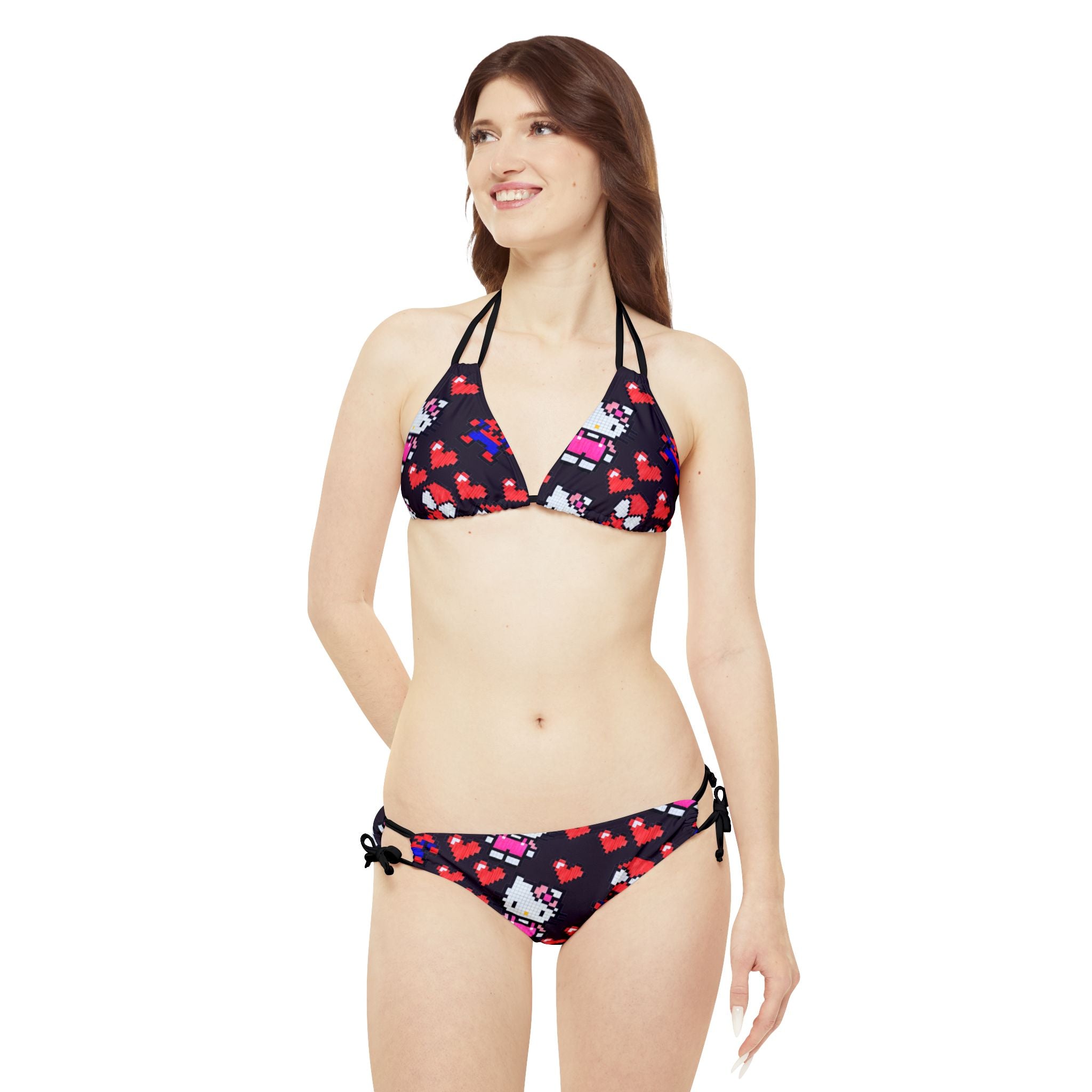 Strappy bikini set spider kitty pixel heart love valentine black