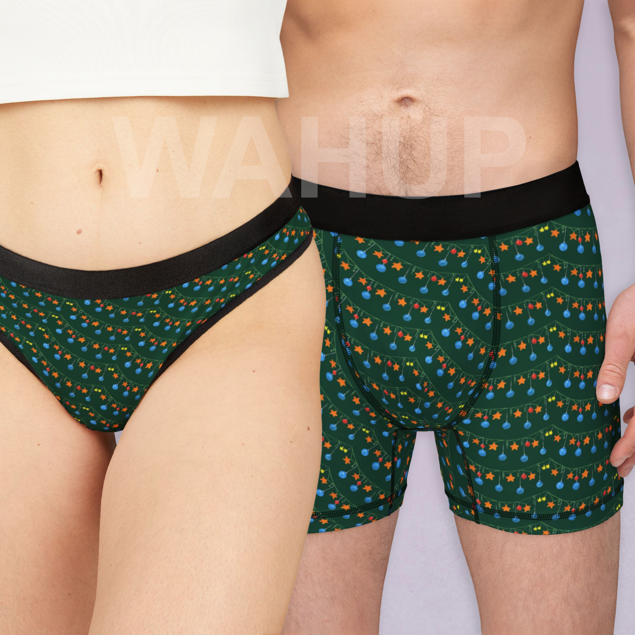 Matching underwear Green Christmas santa for couples boxer & thong set