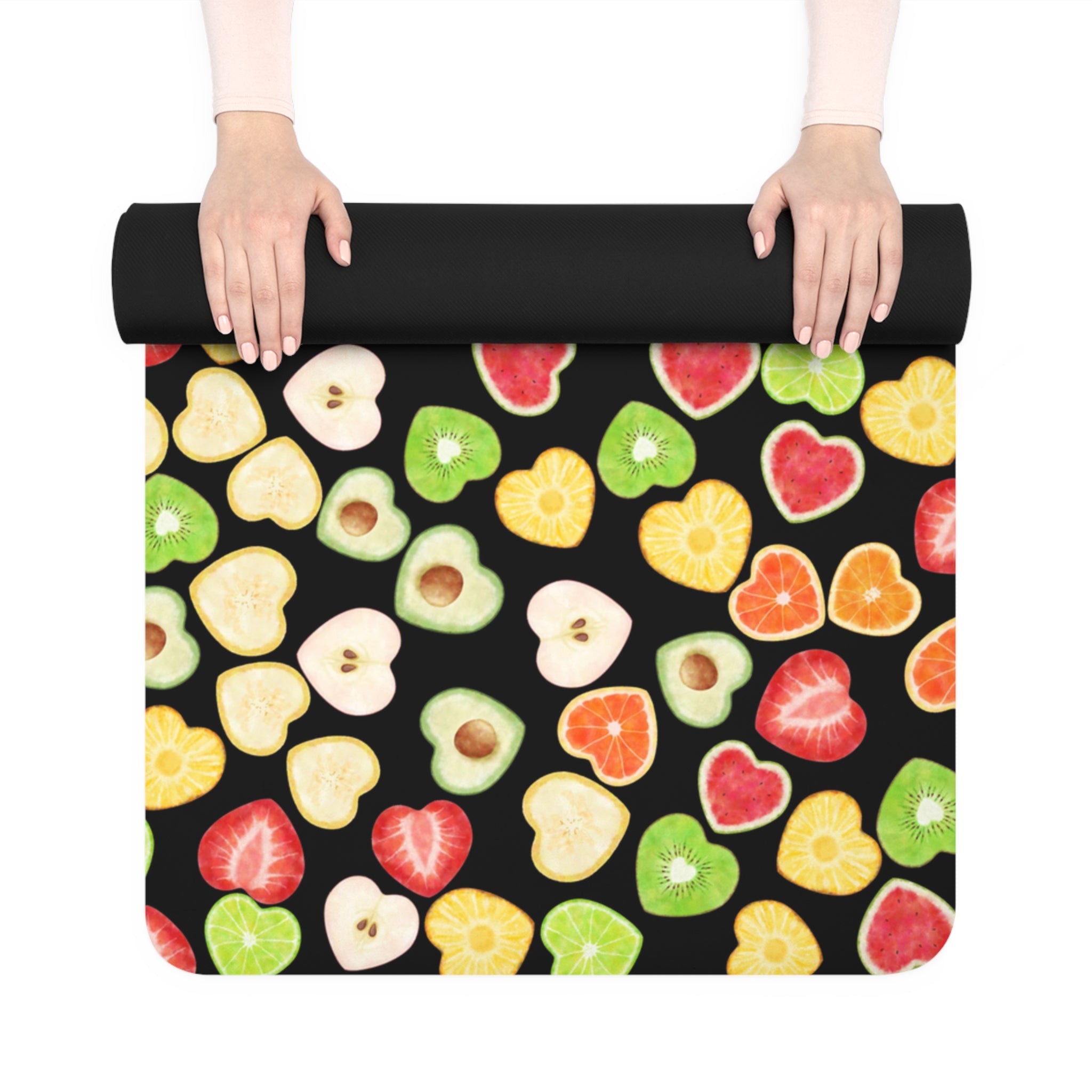 Rubber yoga mat heart fruits black