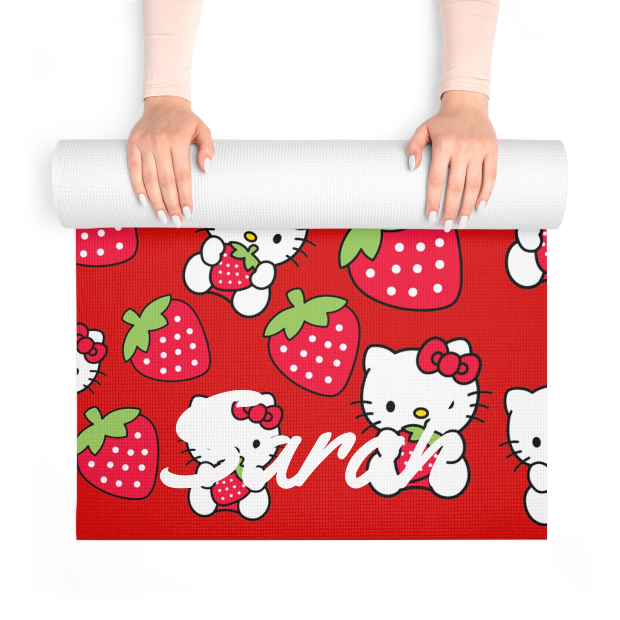 Custom name foam yoga mat kitty strawberry valentine love red