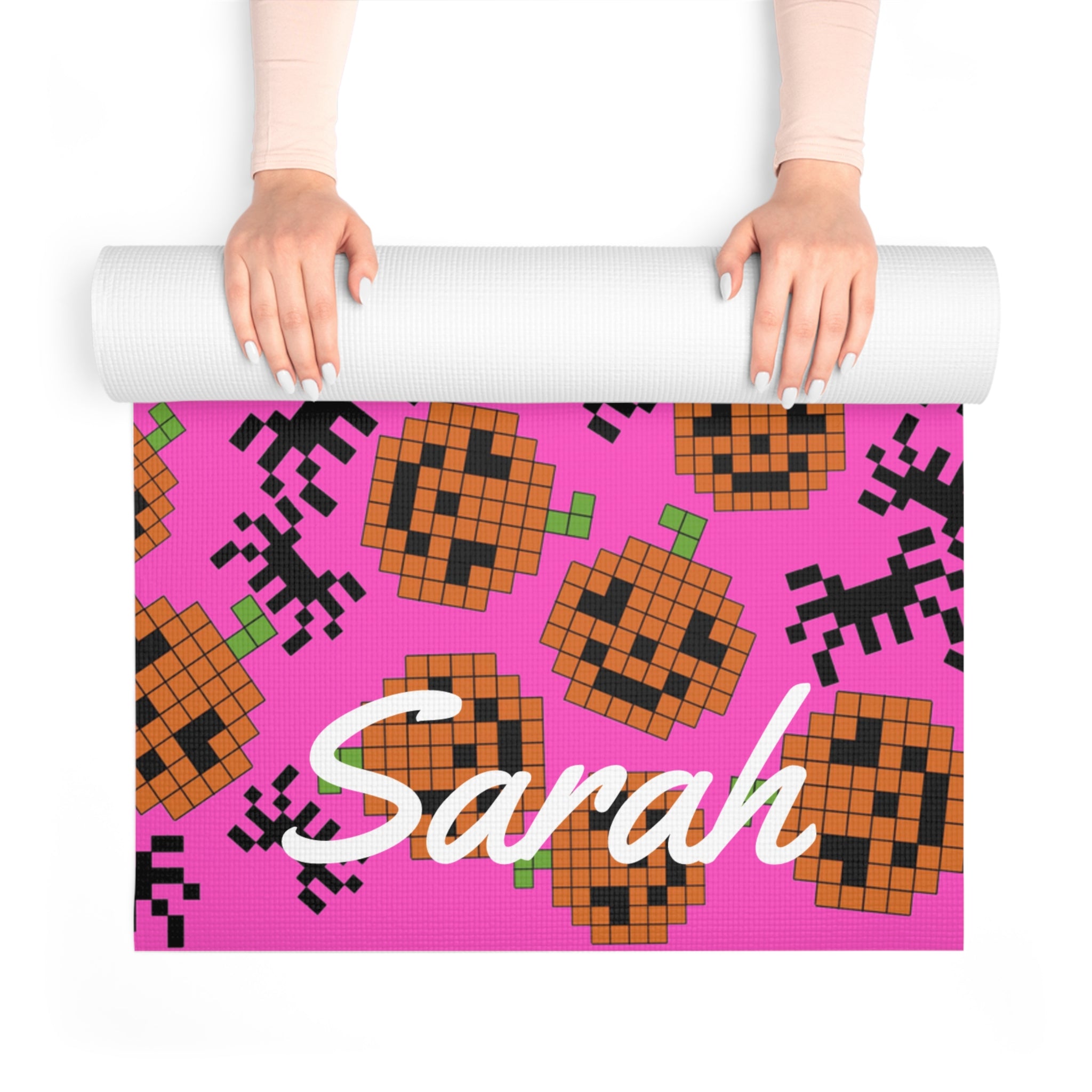 Custom name foam yoga mat pumpkin spider pixel halloween pink