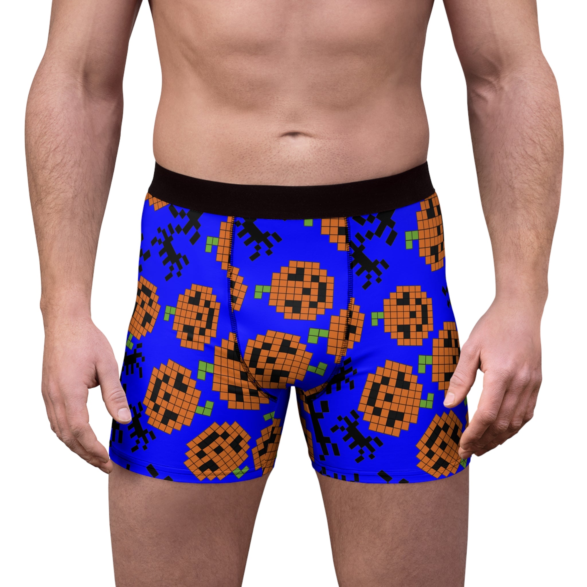 Men's boxer briefs pumpkin spider pixel halloween blue