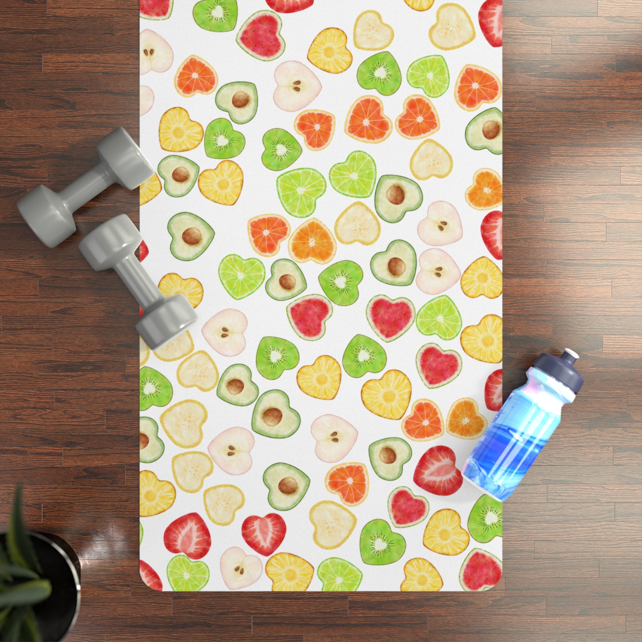 Rubber yoga mat heart fruits white